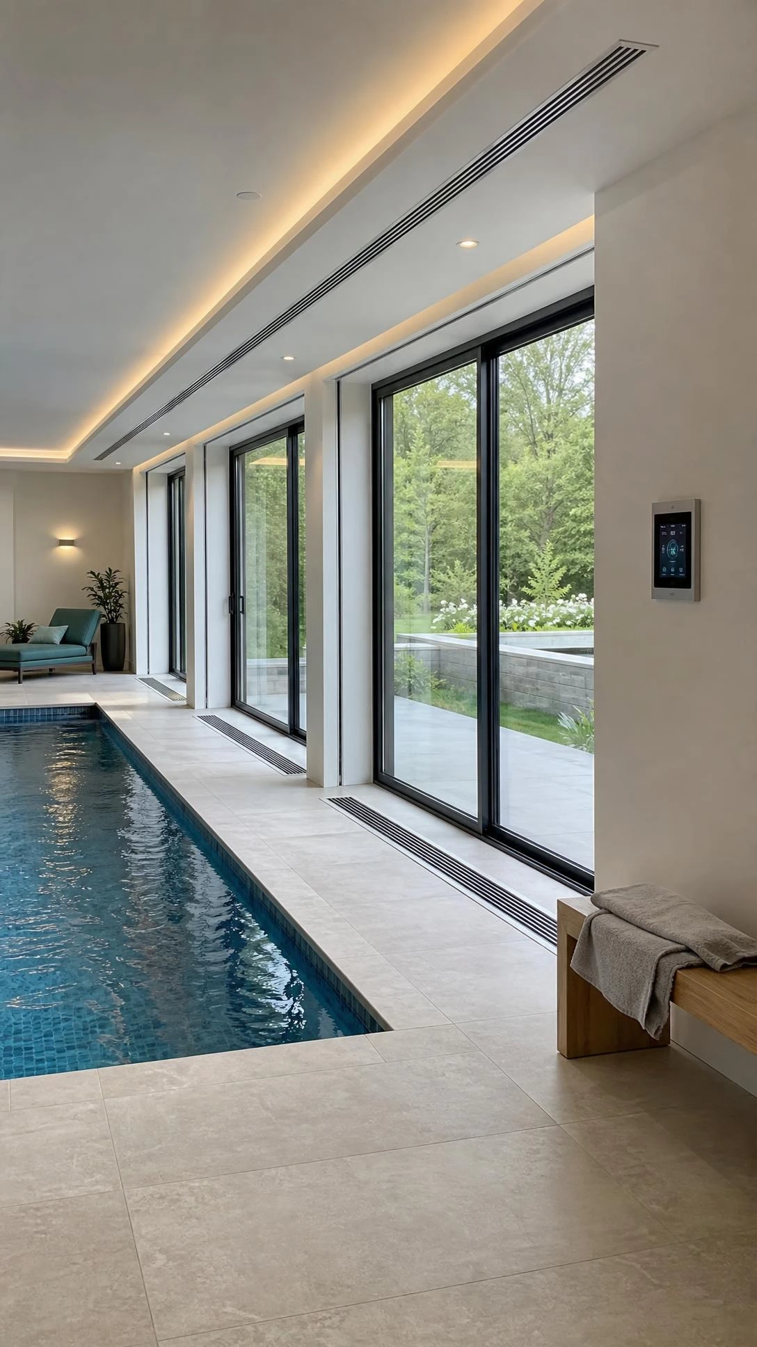 Luxury indoor swimming pool design with wall dehumidifier vents, glazing air grilles, ceiling ventilation, and a digital humidity panel.