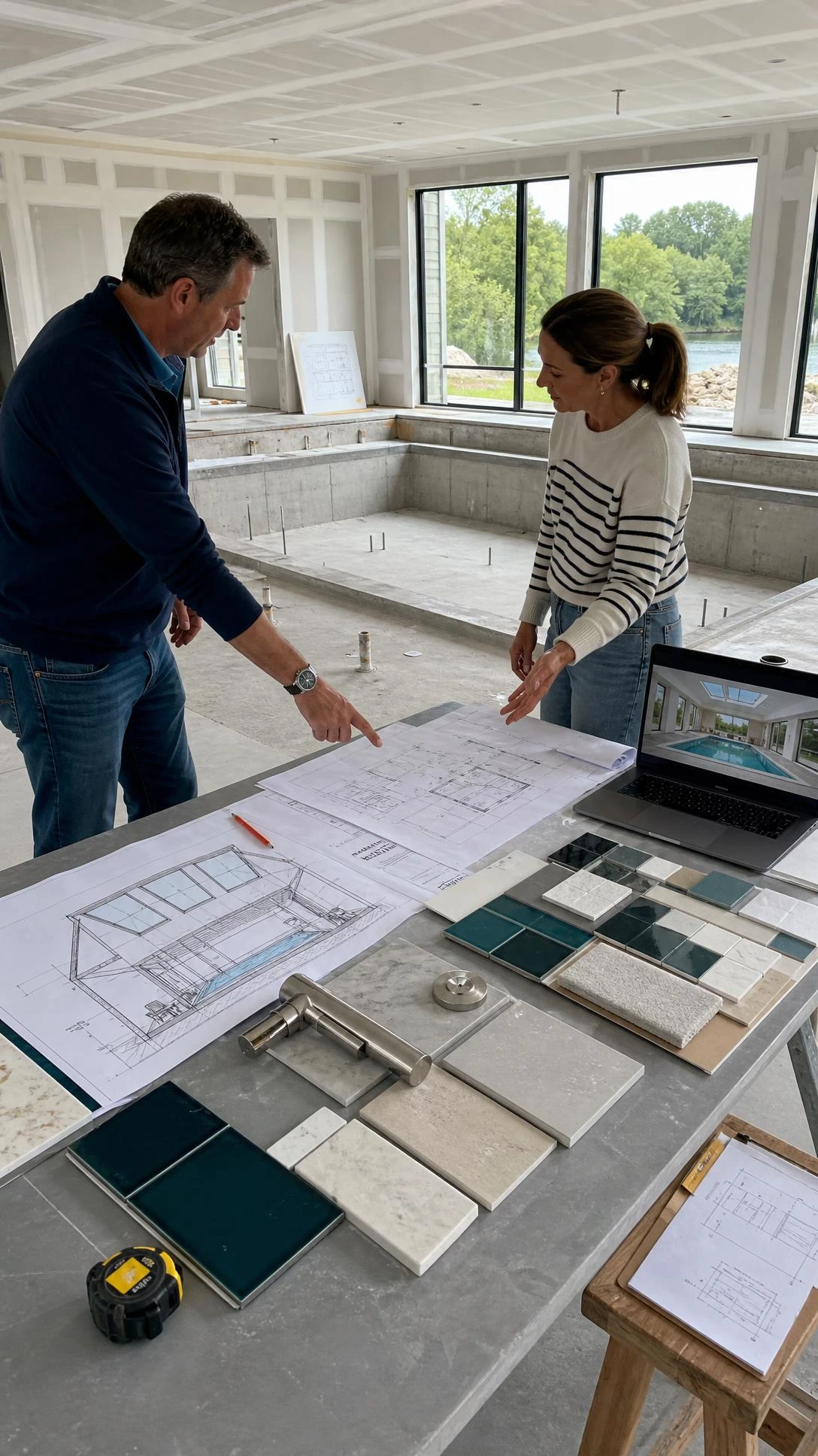 Indoor swimming pool design luxury planning meeting in an unfinished home, with framed walls, pool outline, blueprints, samples, and laptop rendering.