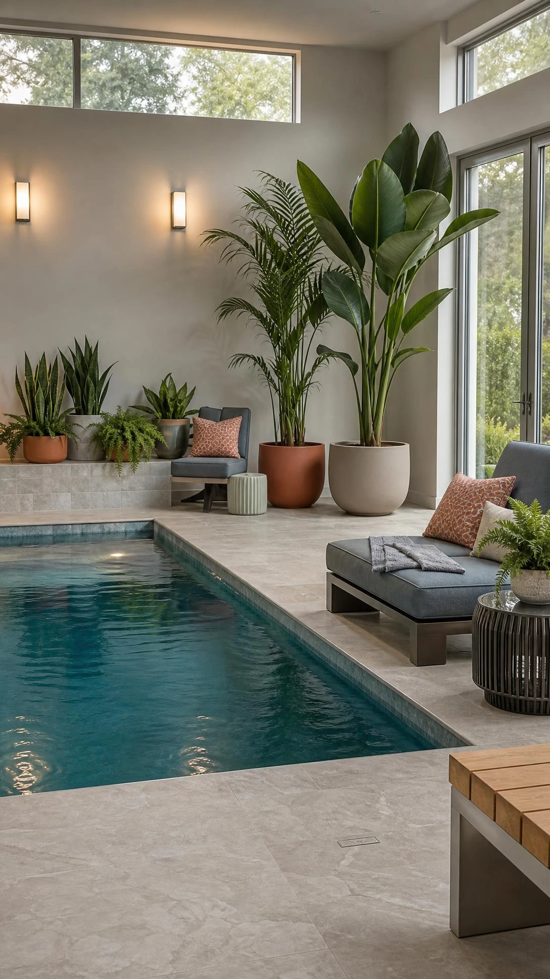 Indoor swimming pool design luxury room with leafy potted plants, waterproof loungers, and stone accents framing an upscale indoor pool.