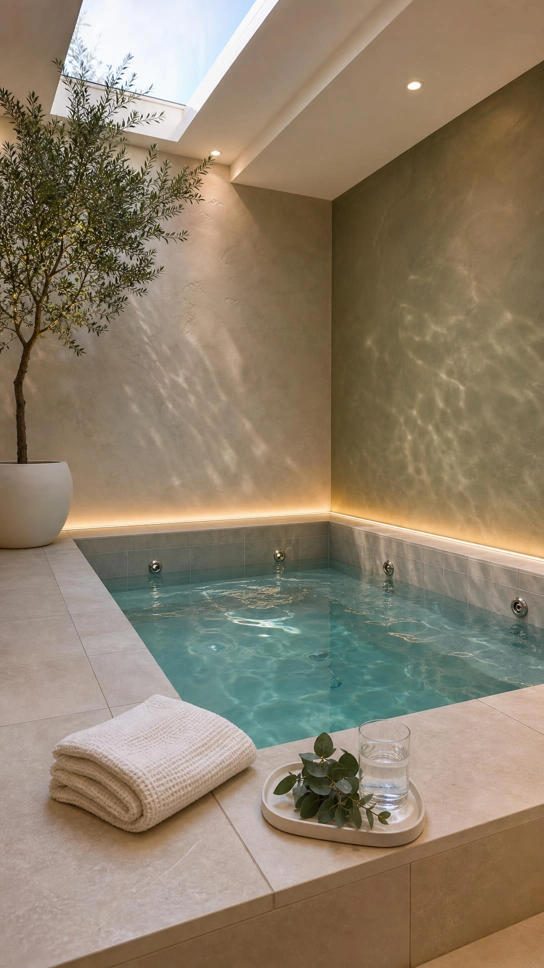 Compact indoor hydrotherapy spa pool with pale gray porcelain tiles and aquamarine water reflecting warm ambient light from ceiling above