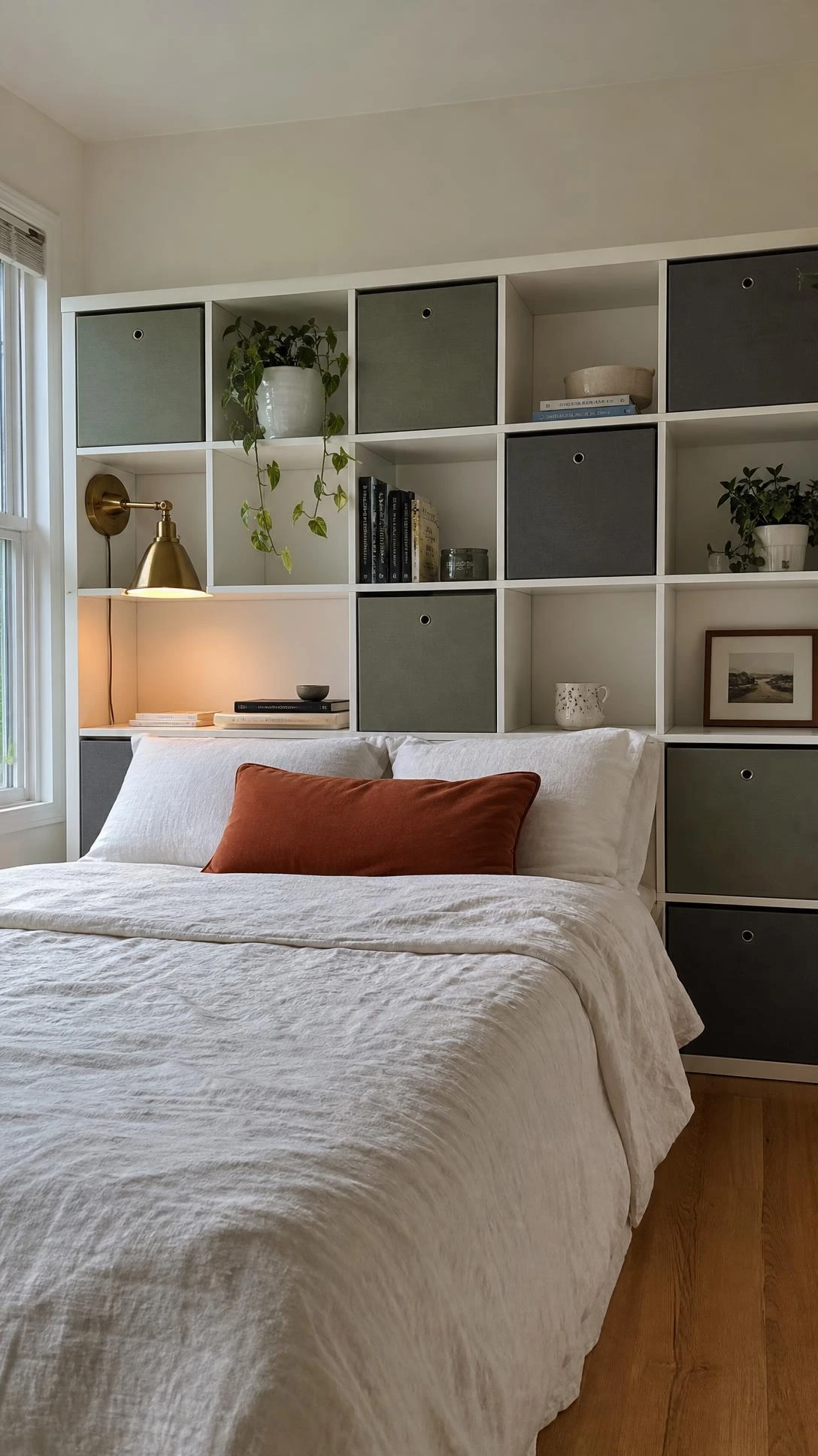 White IKEA KALLAX unit mounted horizontally as a full headboard wall with sage green fabric inserts, trailing pothos, and ceramic pot in a warm double bedroom