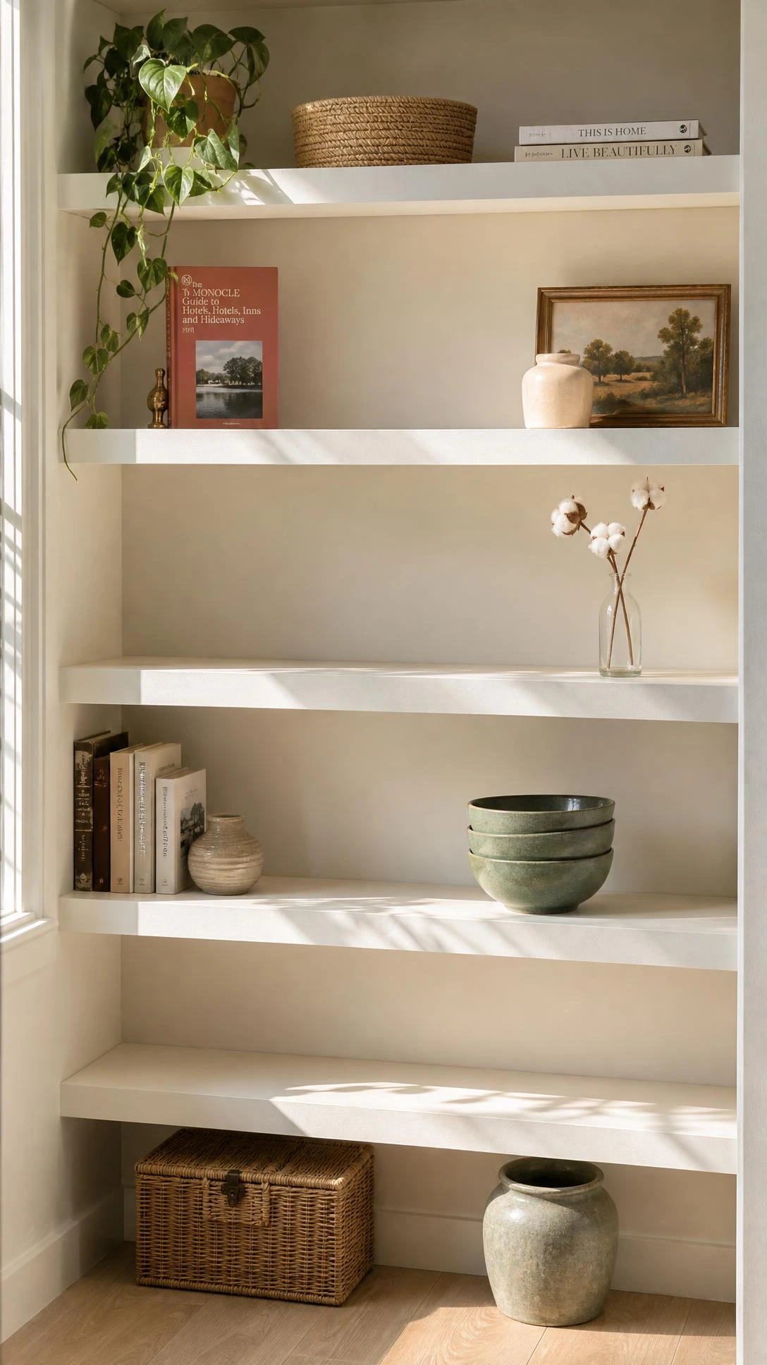 Styled white kitchen shelf unit with intentionally empty sections beside curated decor, showing how negative space creates calm and balance in kitchen shelves decor