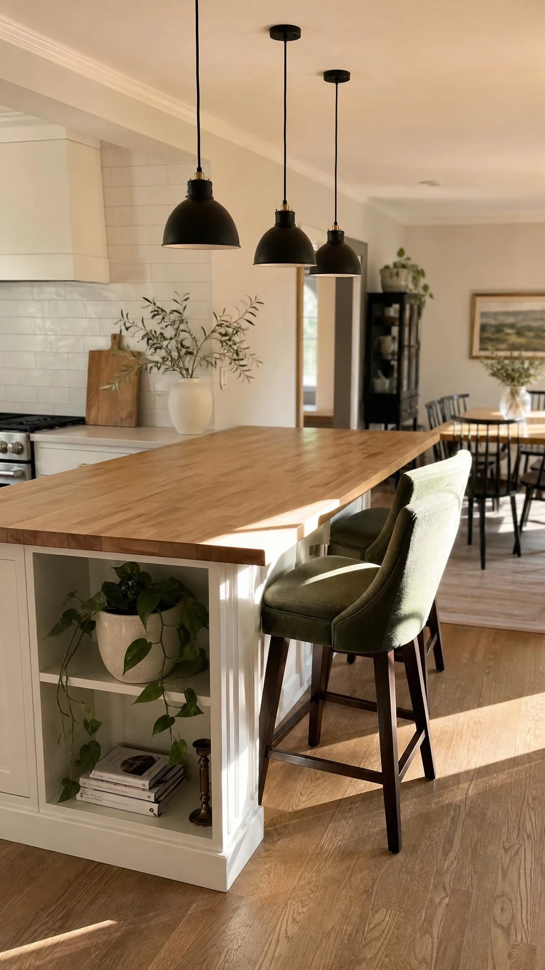 White kitchen island with light oak butcher block top and brass hardware dividing an open kitchen dining room, with three matte black pendants above