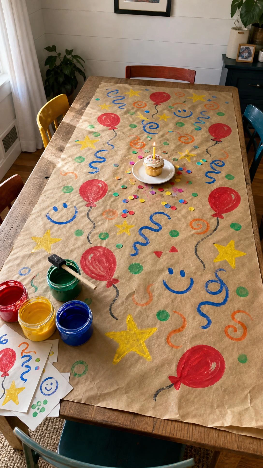 Natural kraft paper tablecloth hand-painted with bold red balloons, yellow stars, and colorful doodles spread across a wooden dining table for a kids birthday party