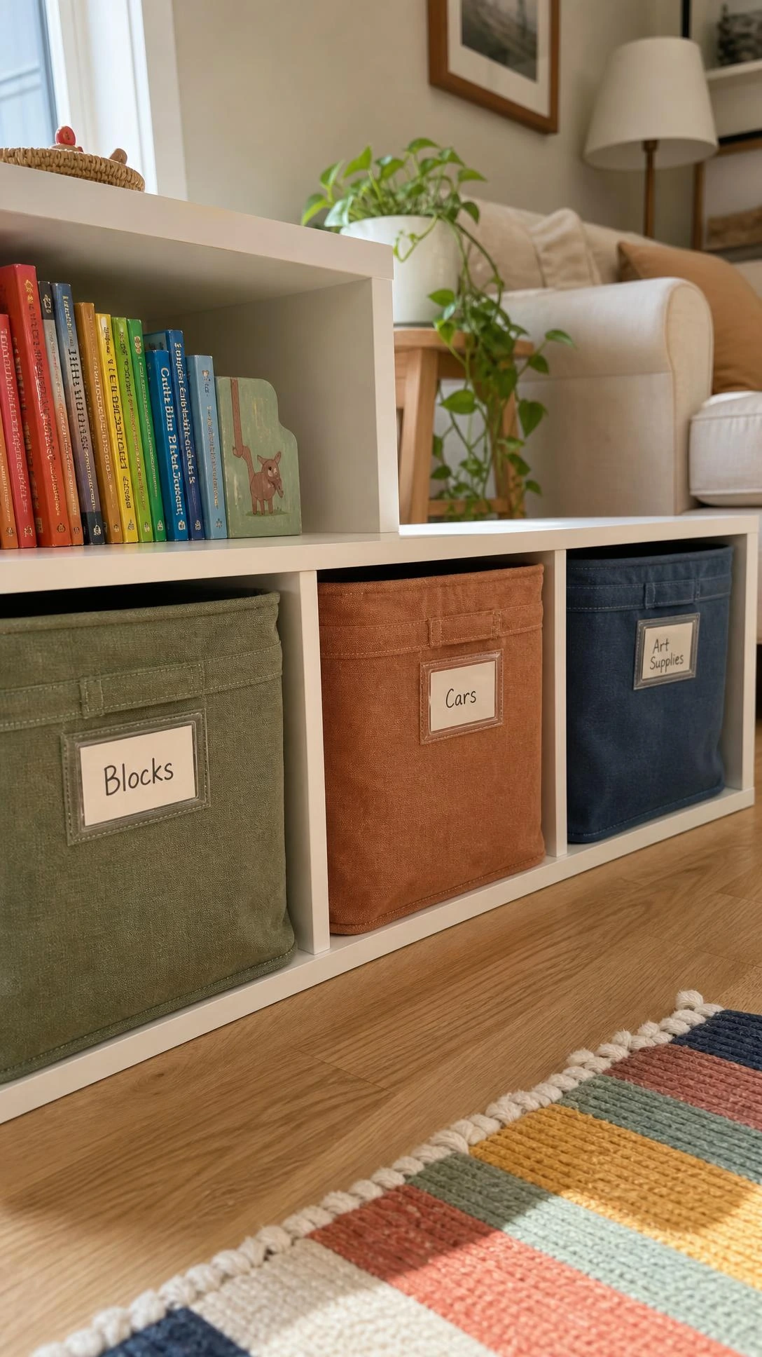 Low white wood shelving unit holding three labeled fabric bins in sage green, terracotta, and a third soft tone — a practical toy storage solution for living rooms