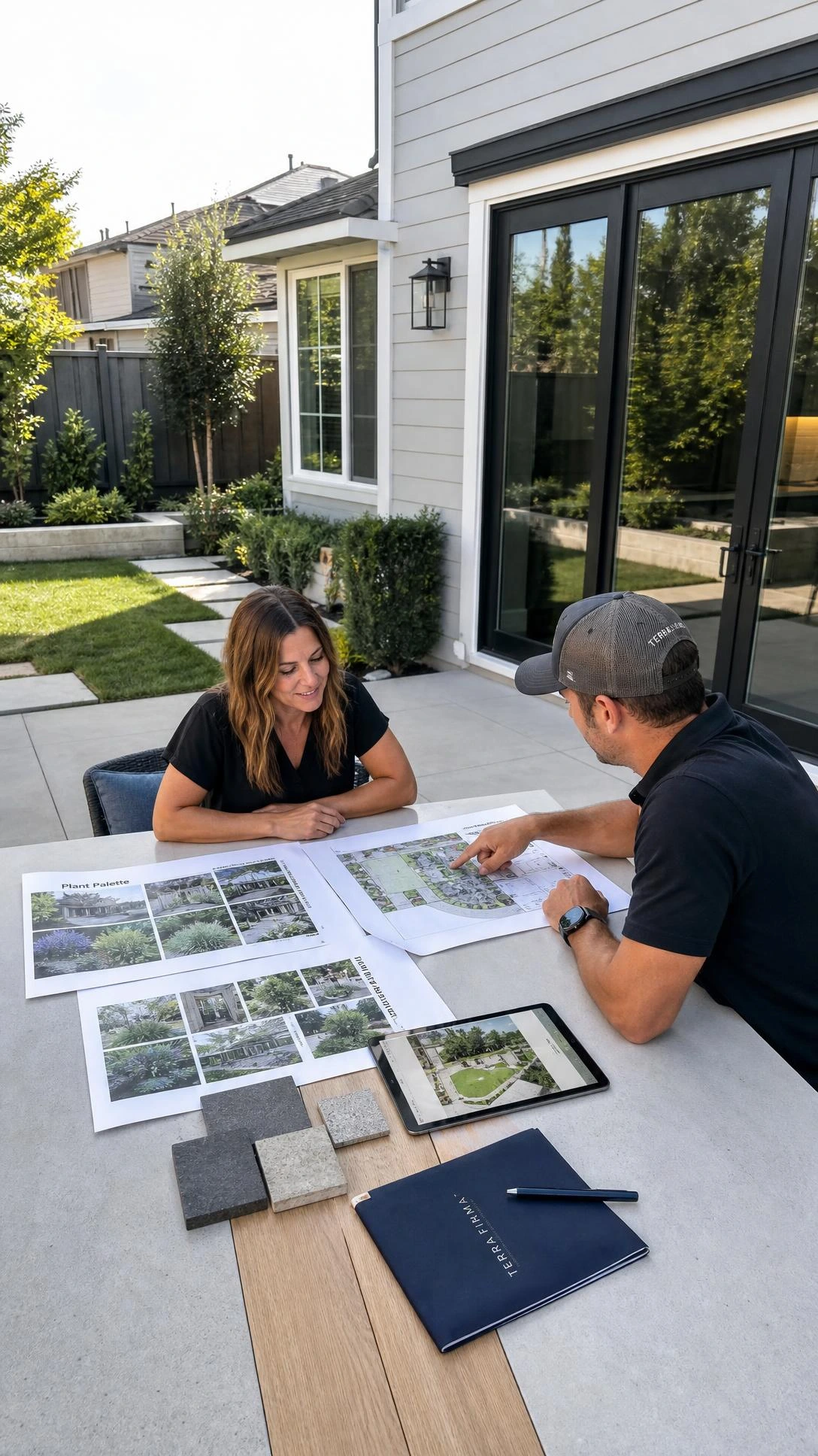 Homeowner and designer review plans, plant palette sheets, and a tablet on a backyard patio, showing modern landscape design planning in context.