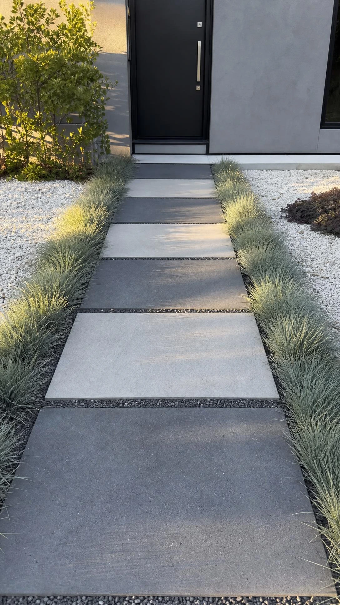 Large format charcoal and ash concrete pavers laid in a staggered linear pattern lead straight to a clean modern front door, showing how minimal front yard landscaping creates instant curb appeal