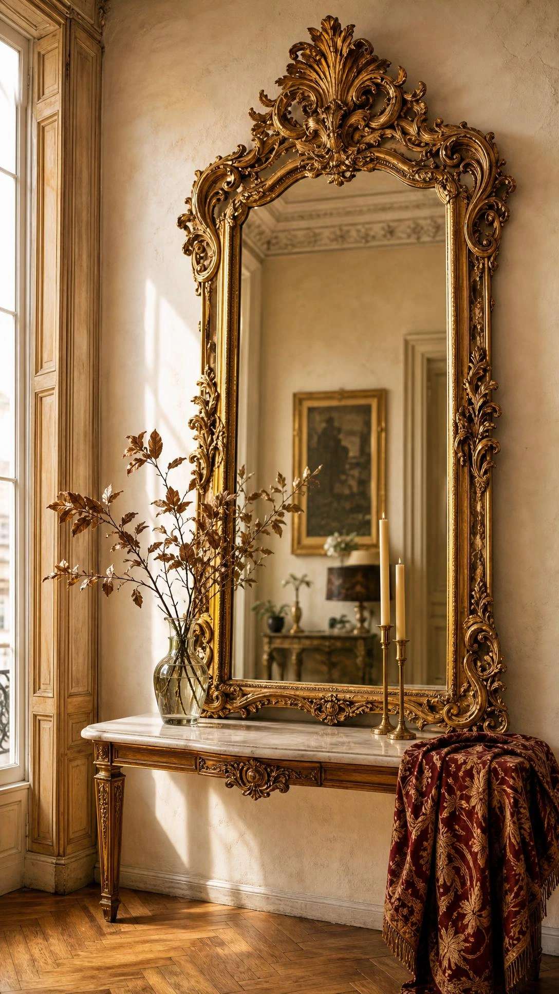 Large gilded baroque mirror with ornate gold leaf frame and acanthus carvings leaning against wall in an Italian-style living room, catching warm afternoon light