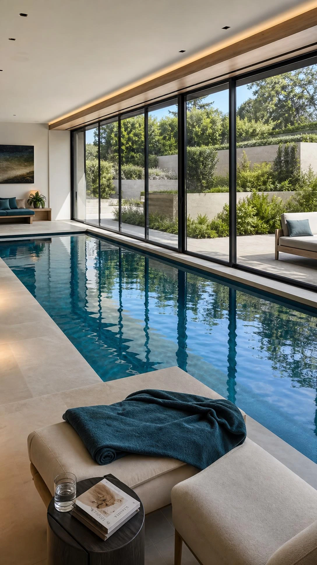 Large glass wall indoor pool in a contemporary luxury home, with a lap-style layout beside floor-to-ceiling windows for dramatic light.