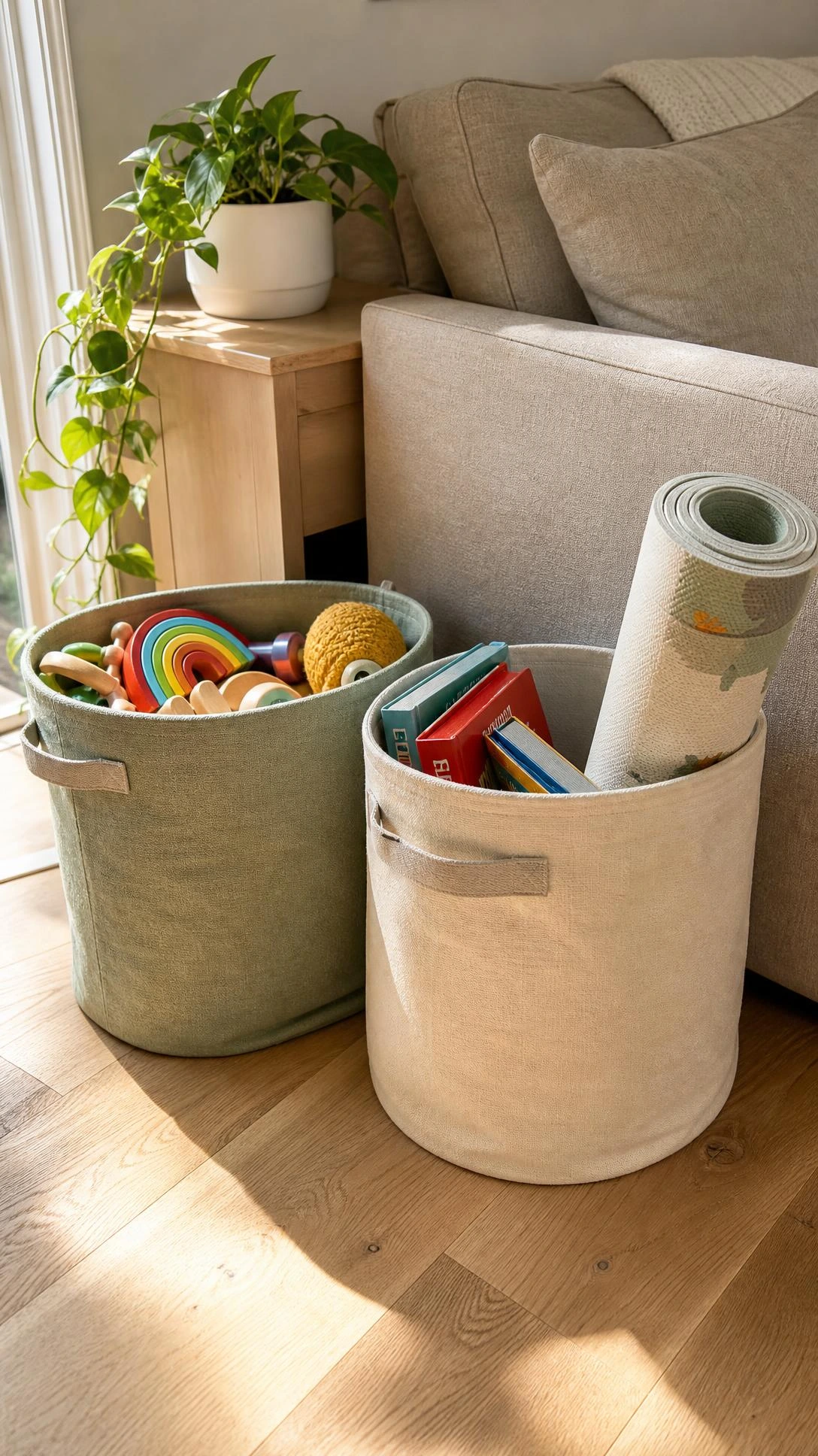Two large open canvas bins in sage green and ivory sit beside a linen sofa, corralling kids' toys including a wooden rainbow stacker — a practical living room toy storage solution