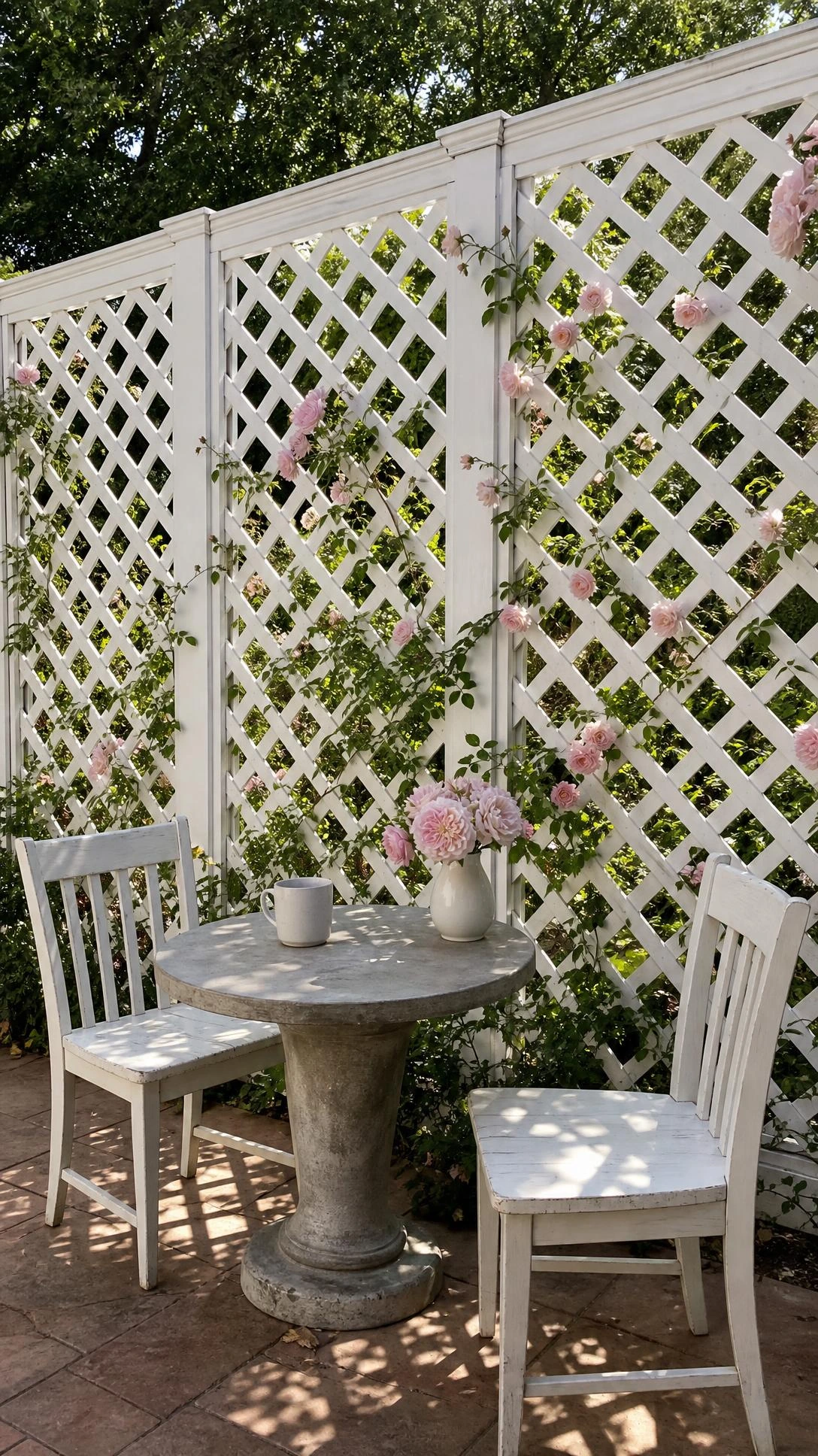 White wooden lattice fence panels along a patio edge casting diamond-patterned shadows on the floor, offering stylish partial privacy without blocking natural light