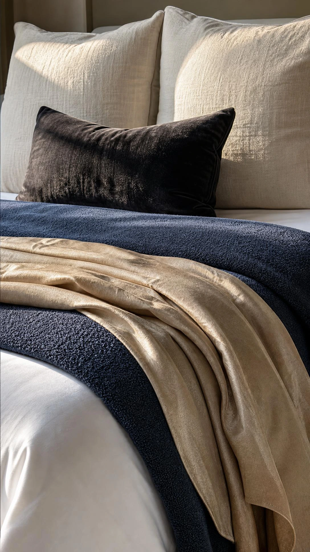Layered luxury master bed bedding with crisp white percale sheet beneath a deep-toned duvet, showcasing intentional texture contrast in a modern bedroom