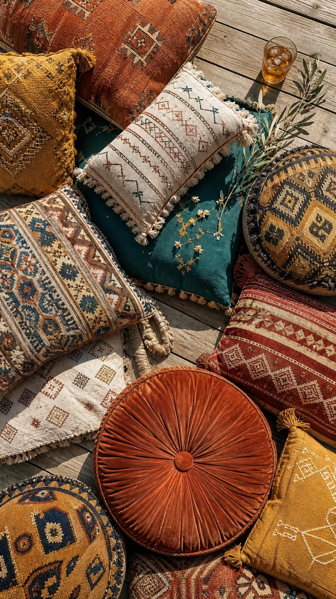 Overhead flat lay of layered boho cushions and poufs in rust, mustard, and teal stacked on a weathered oak rooftop terrace deck