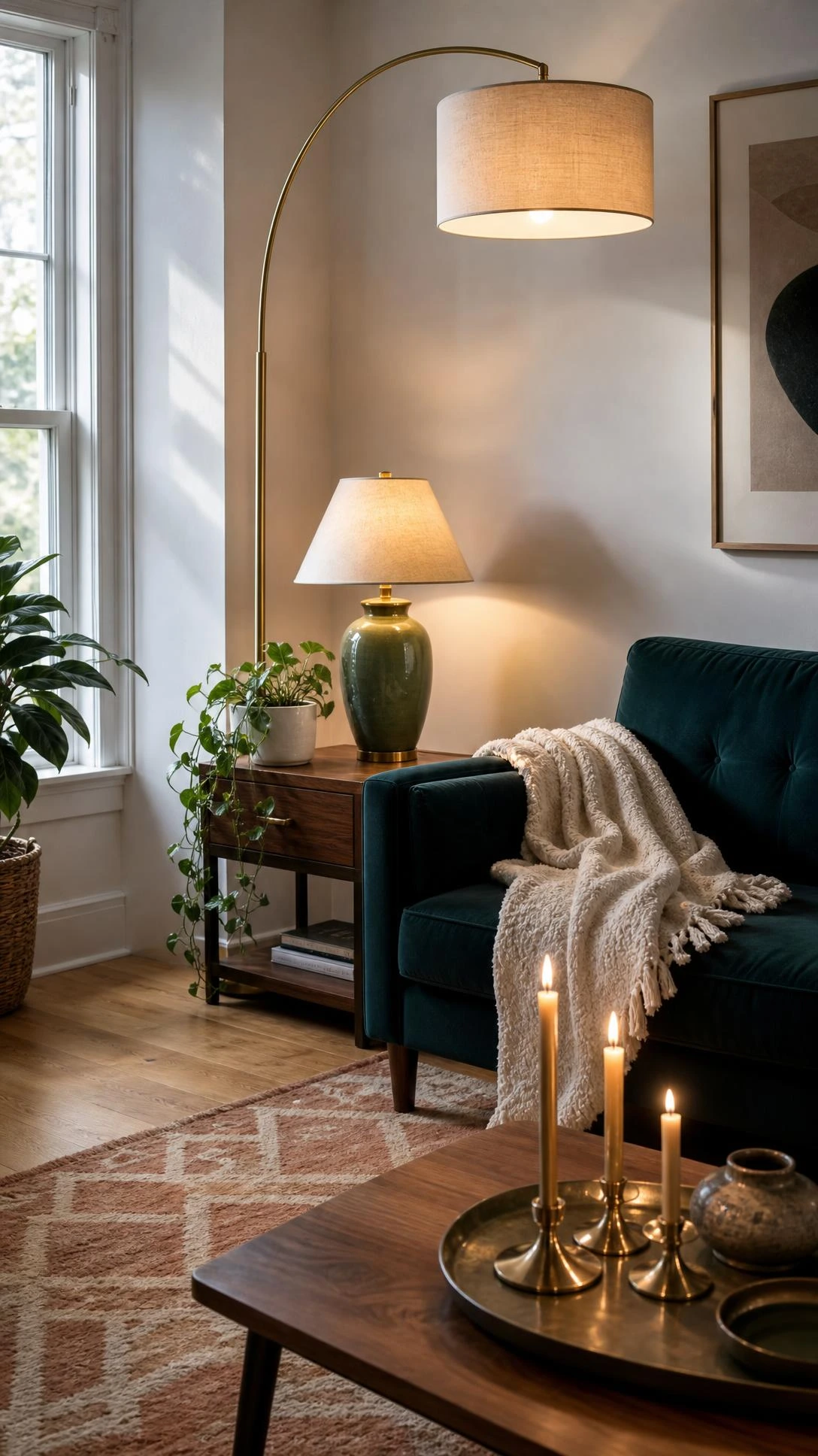 Chic living room layered lighting featuring arc floor lamp, mid-height table lamp, and low ambient glow creating three distinct height levels