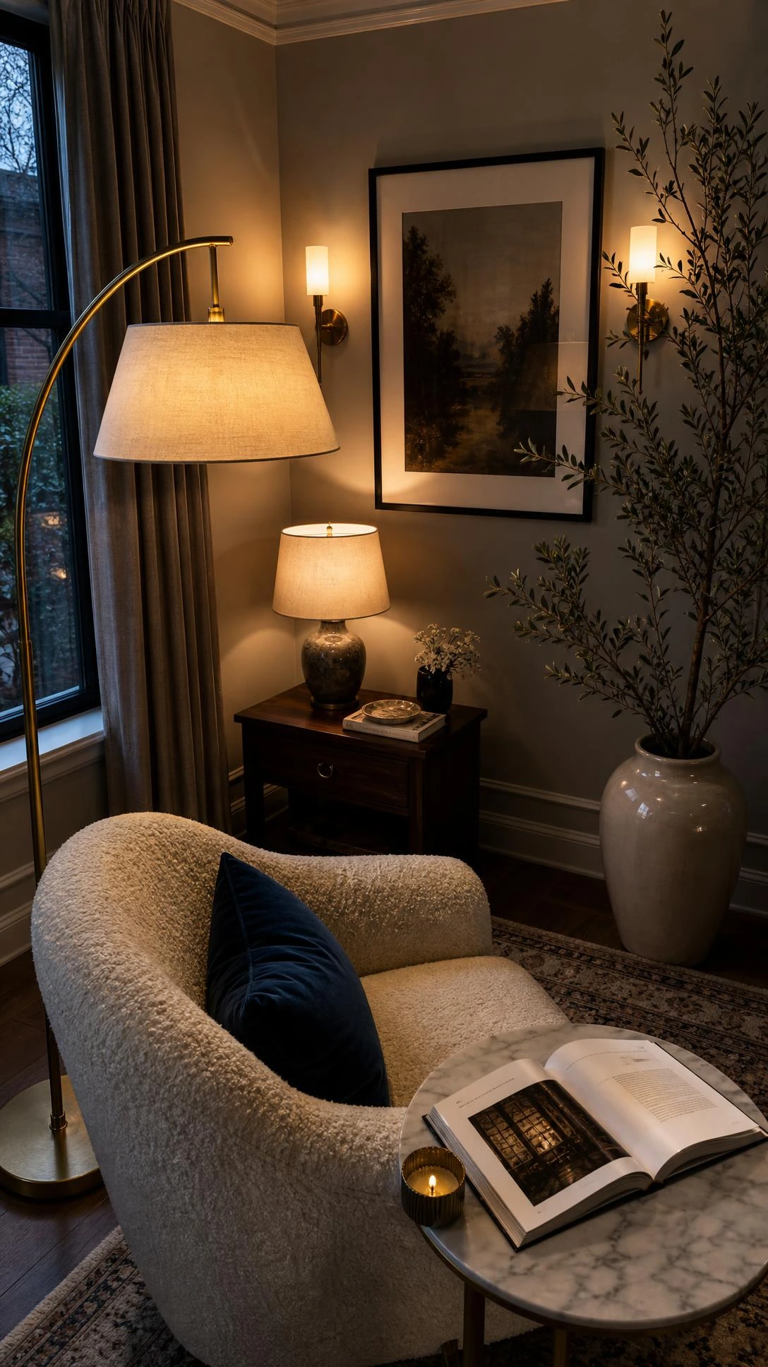 Boucle armchair in a drawing room corner lit by three layered lighting sources — floor lamp, table light, and ceiling — showing luxury lighting design achievable in any home