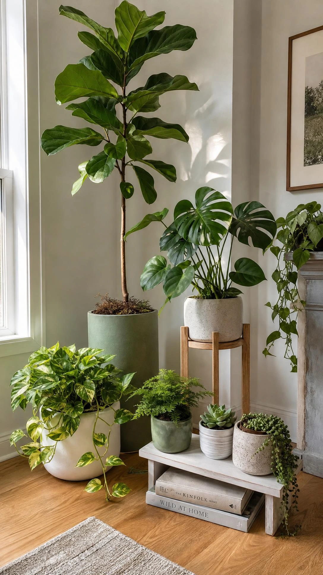 Layered living room plant corner featuring a tall fiddle leaf fig, mid-height plants, and trailing varieties creating floor-to-ceiling depth