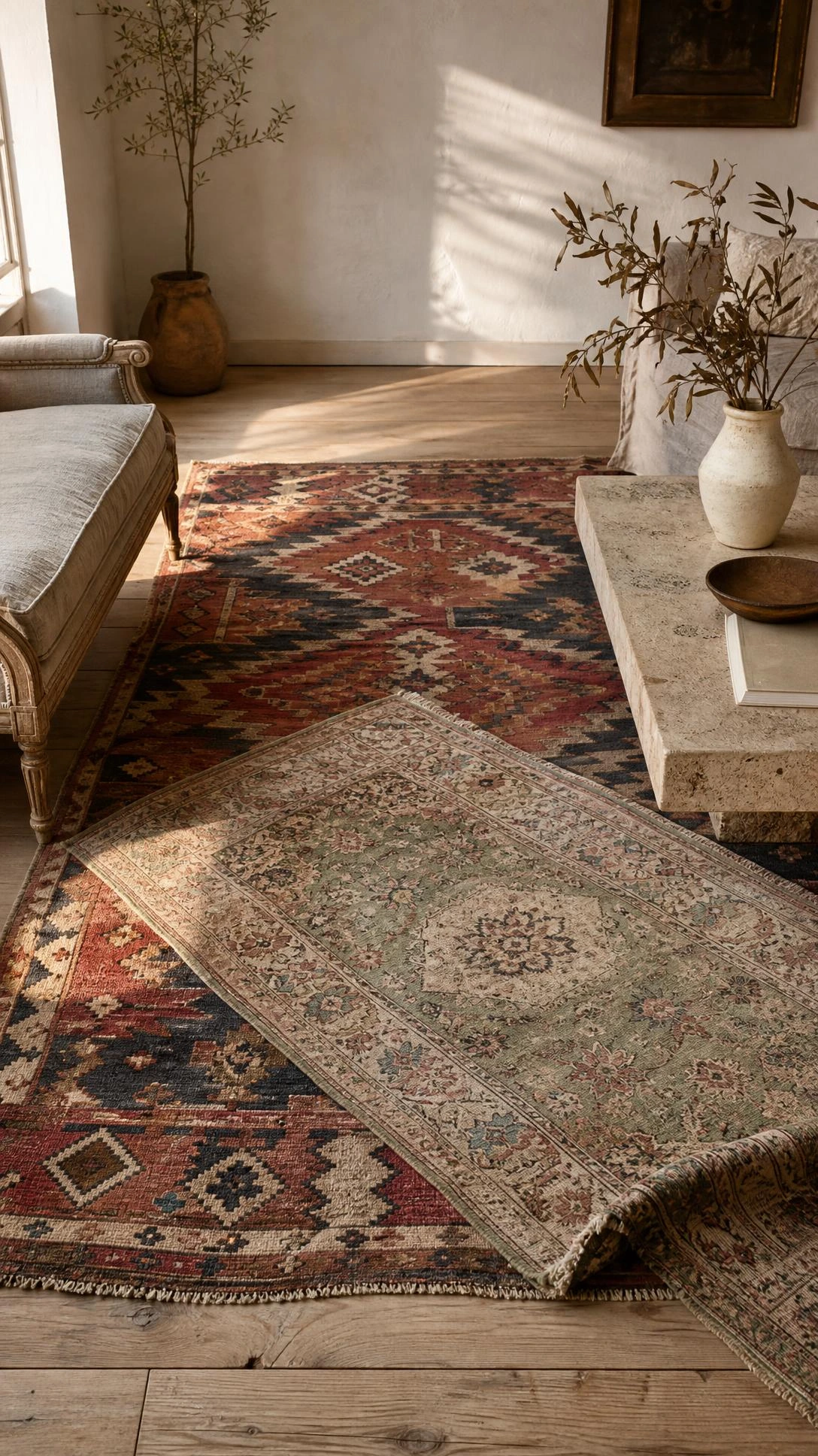 Layered vintage kilim and faded Persian rug over pale oak floorboards in a sun-warmed Italian living room, showing effortless old world texture
