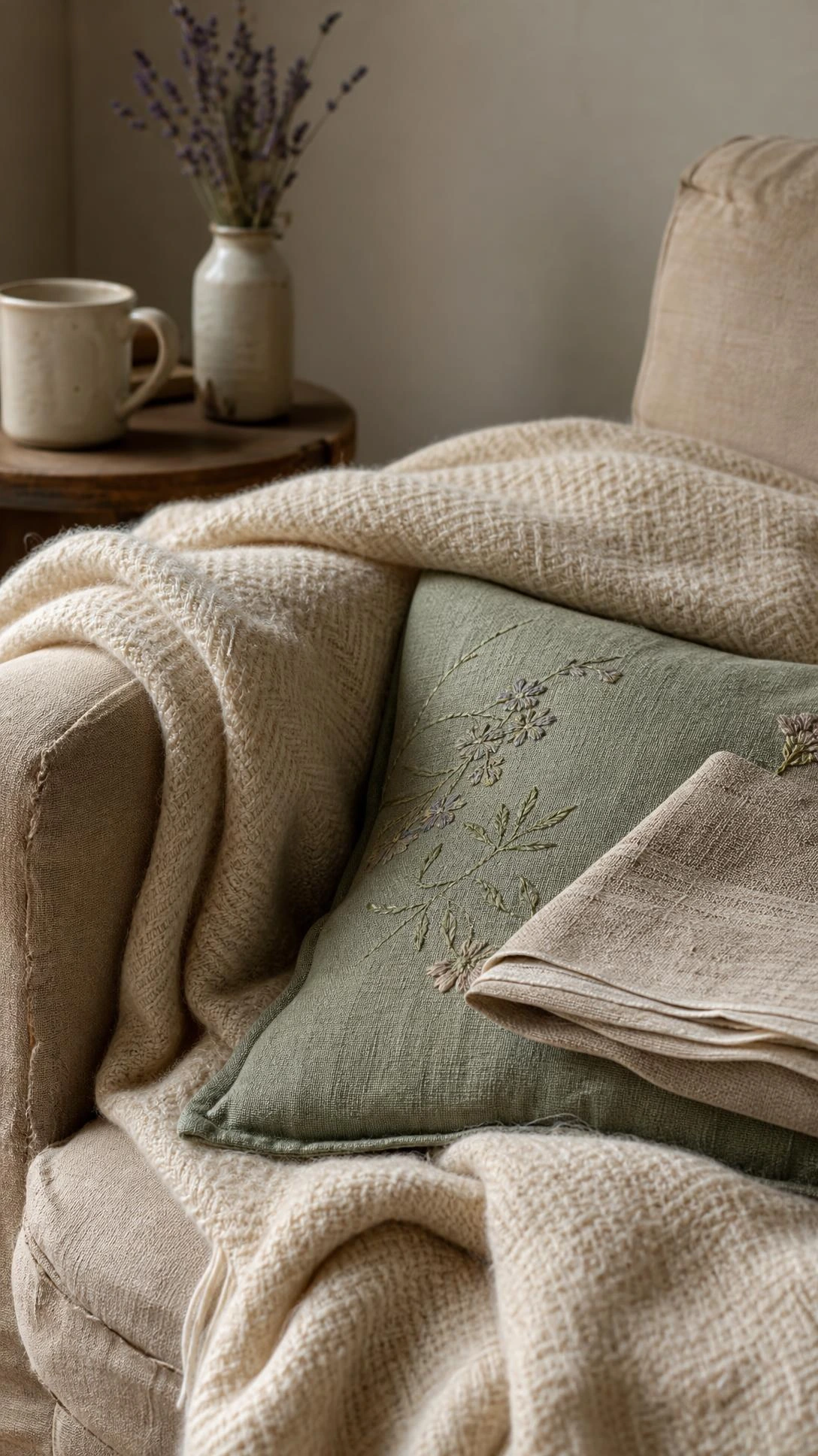 Ivory herringbone wool throw and linen cushion layered over a worn armchair, showcasing how English countryside textiles add warmth to a modern home