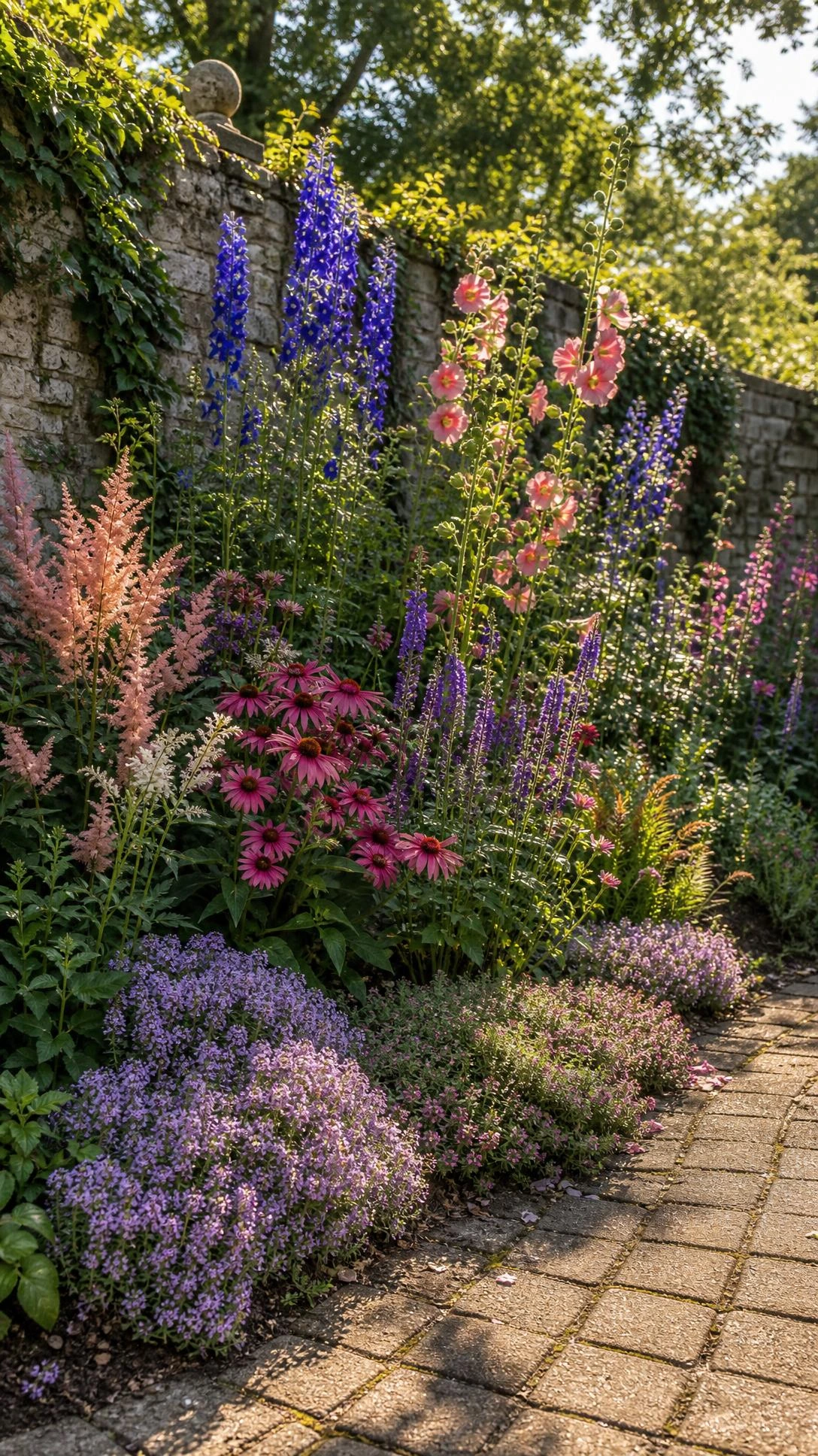 Cottage garden border showing layered plant heights from creeping thyme and alyssum edging up through mid-level perennials to tall blooms in warm afternoon light