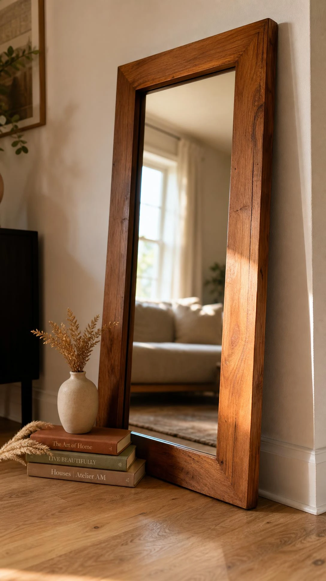 Tall leaning floor mirror in a warm honey-amber wood frame with visible grain, casually anchoring an empty living room corner against a soft white wall