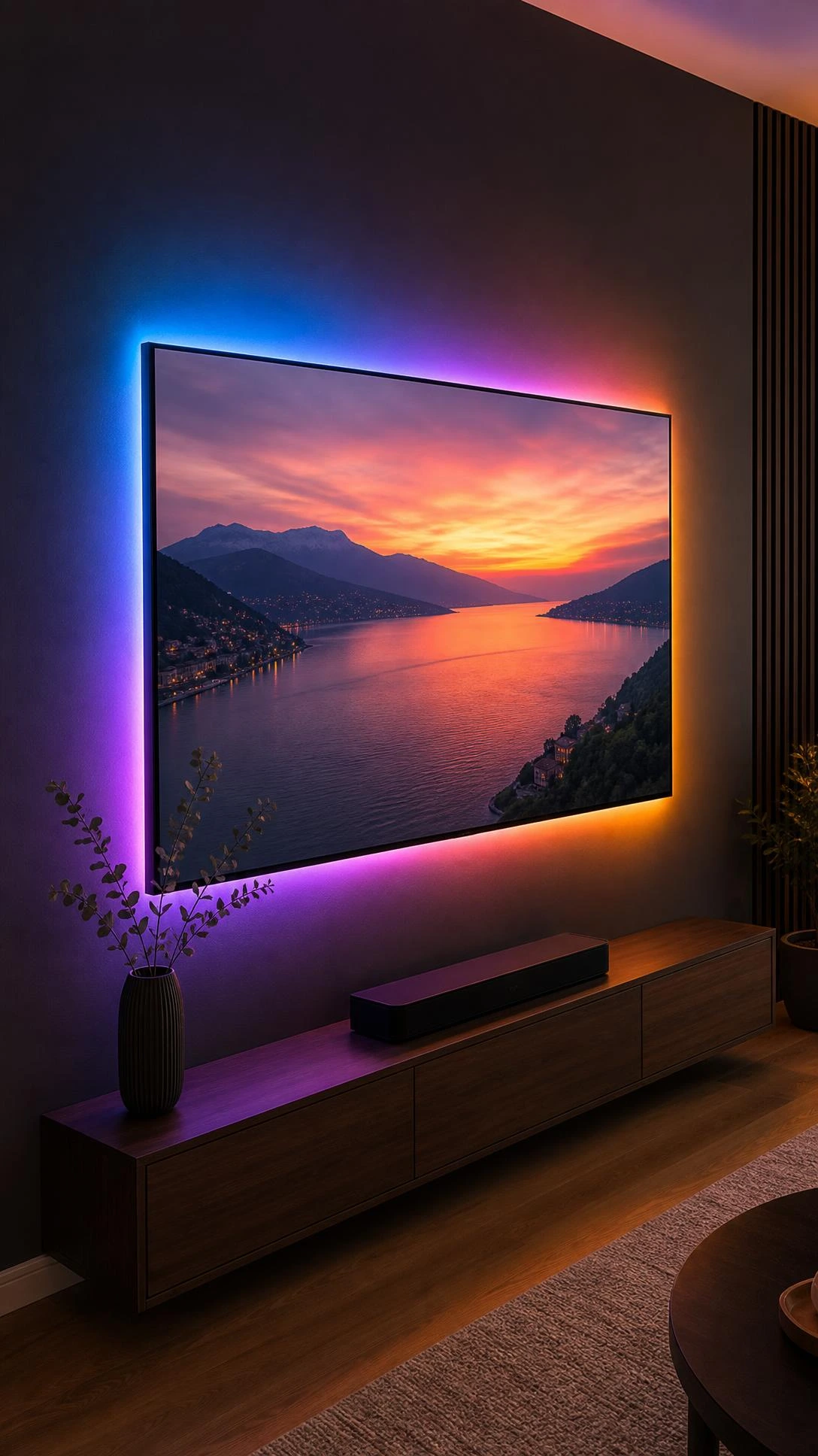 LED strip lights glowing around a flat-screen TV mounted on a dark charcoal accent wall, creating a warm-to-cool backlight gradient in a modern living room
