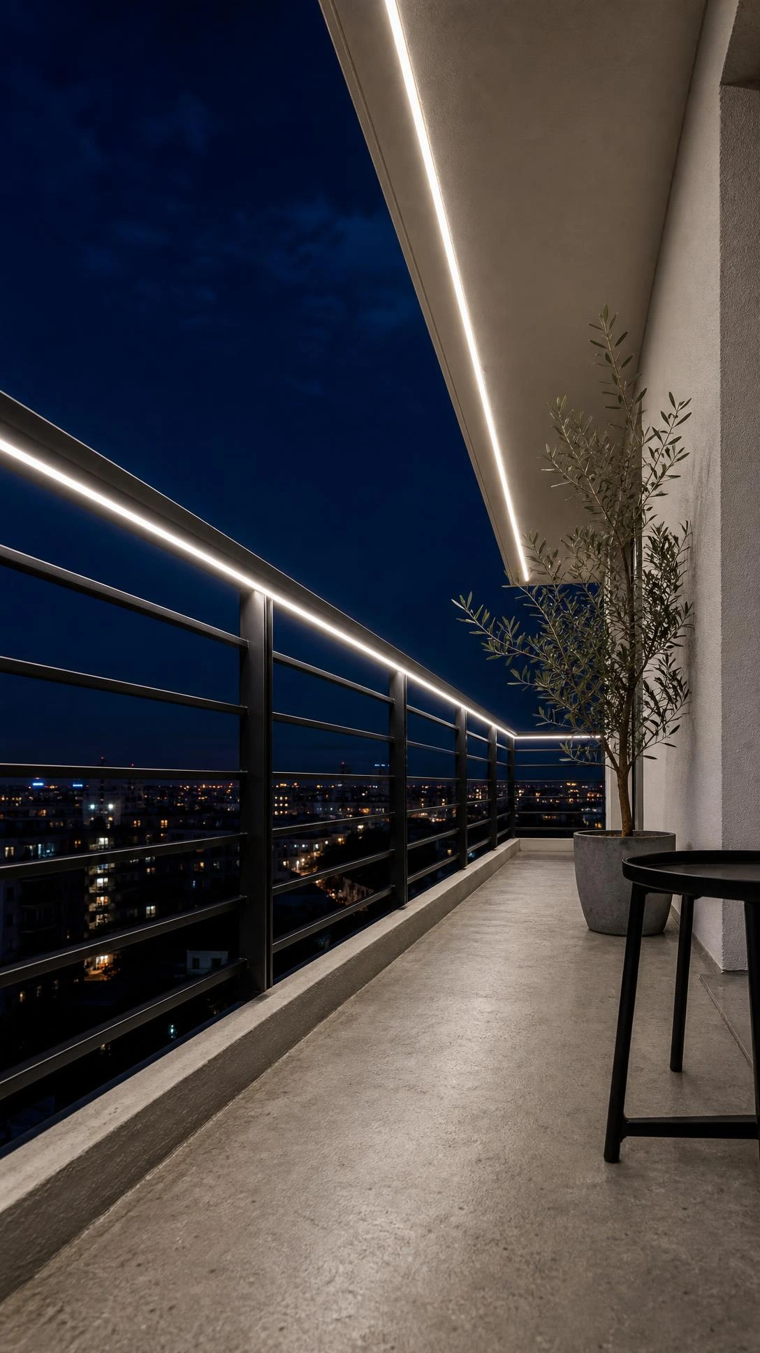 Cool white LED strip lights mounted along balcony ceiling edge and dark metal railing, casting an even continuous glow into the evening air