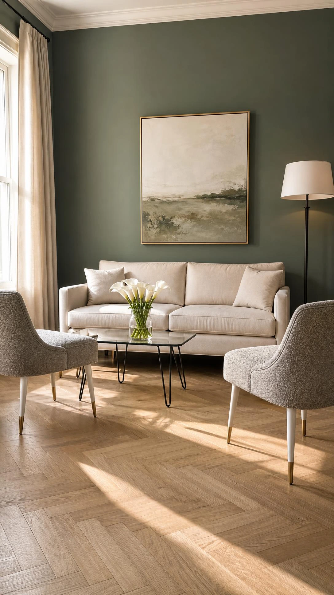 Two slim-legged dove-grey boucle accent chairs with brass-tipped tapered legs flank a narrow coffee table in a small formal living room, making the floor feel open and airy
