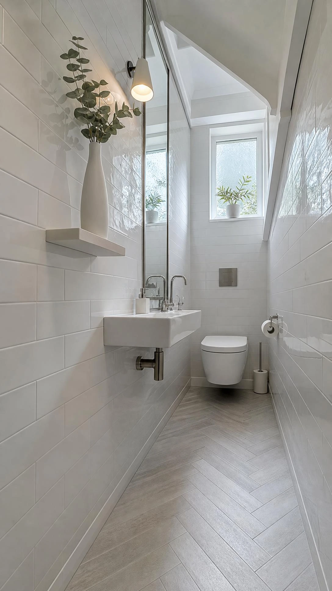 Compact under-stairs bathroom with floor-to-ceiling glossy white subway tiles reflecting natural light from a high frosted window, making the tight space feel taller