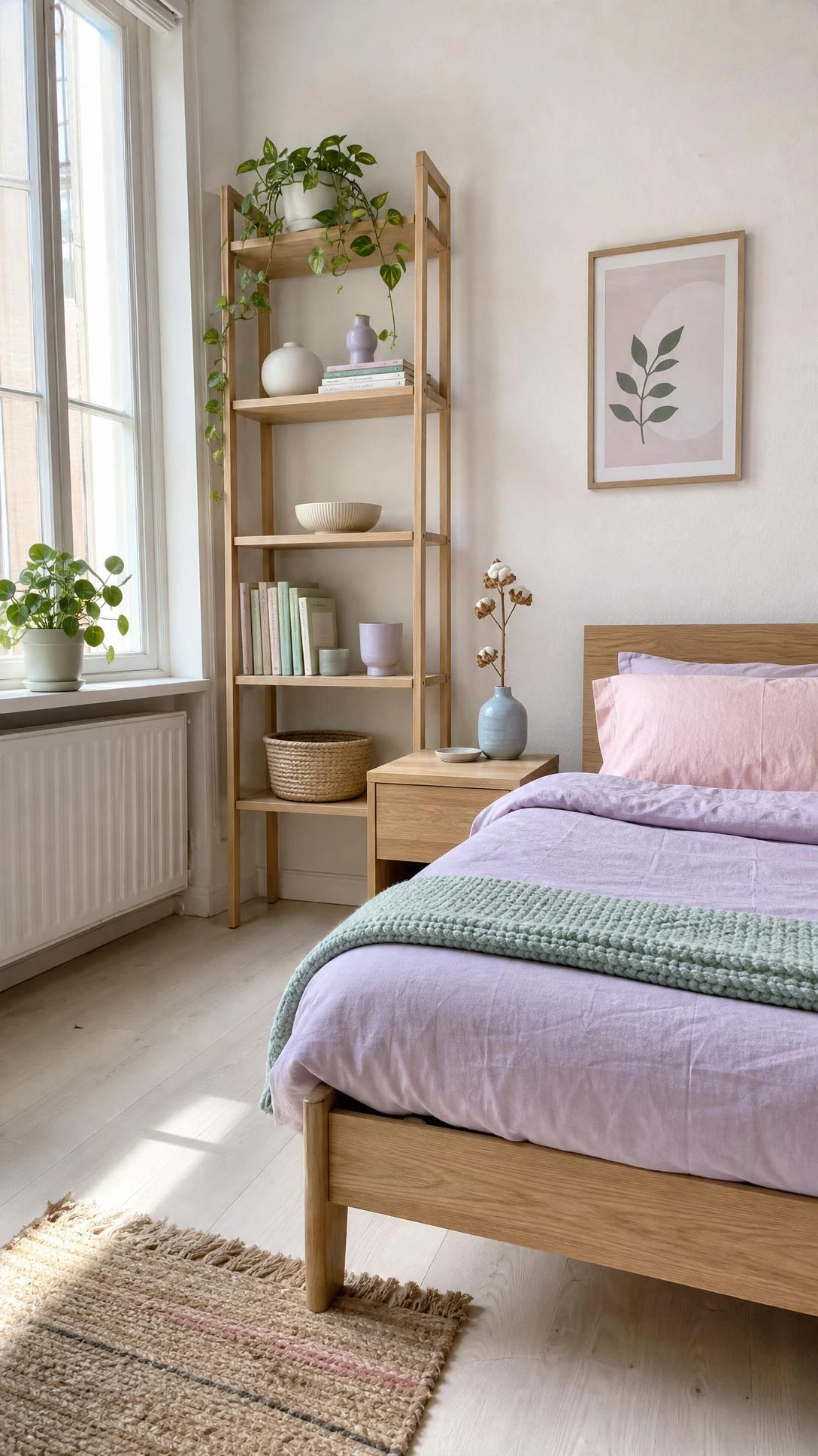 Light oak bed frame and matching Scandi furniture in a pastel bedroom with natural daylight streaming through a large window, showing the warm honey-toned wood grain detail