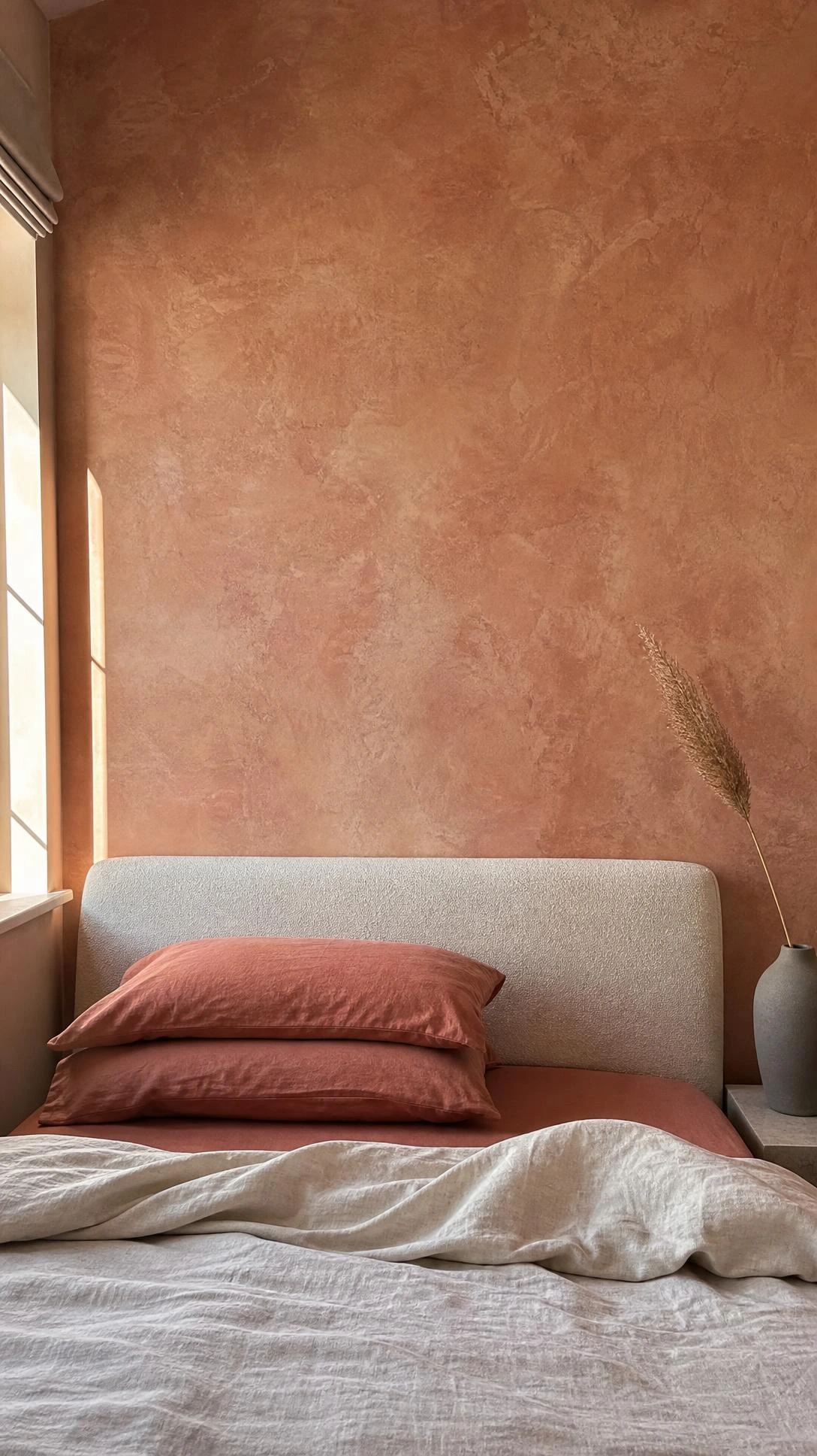 Limewash paint feature wall in warm terracotta and dusty clay tones behind a low-profile upholstered headboard, photographed in soft morning light