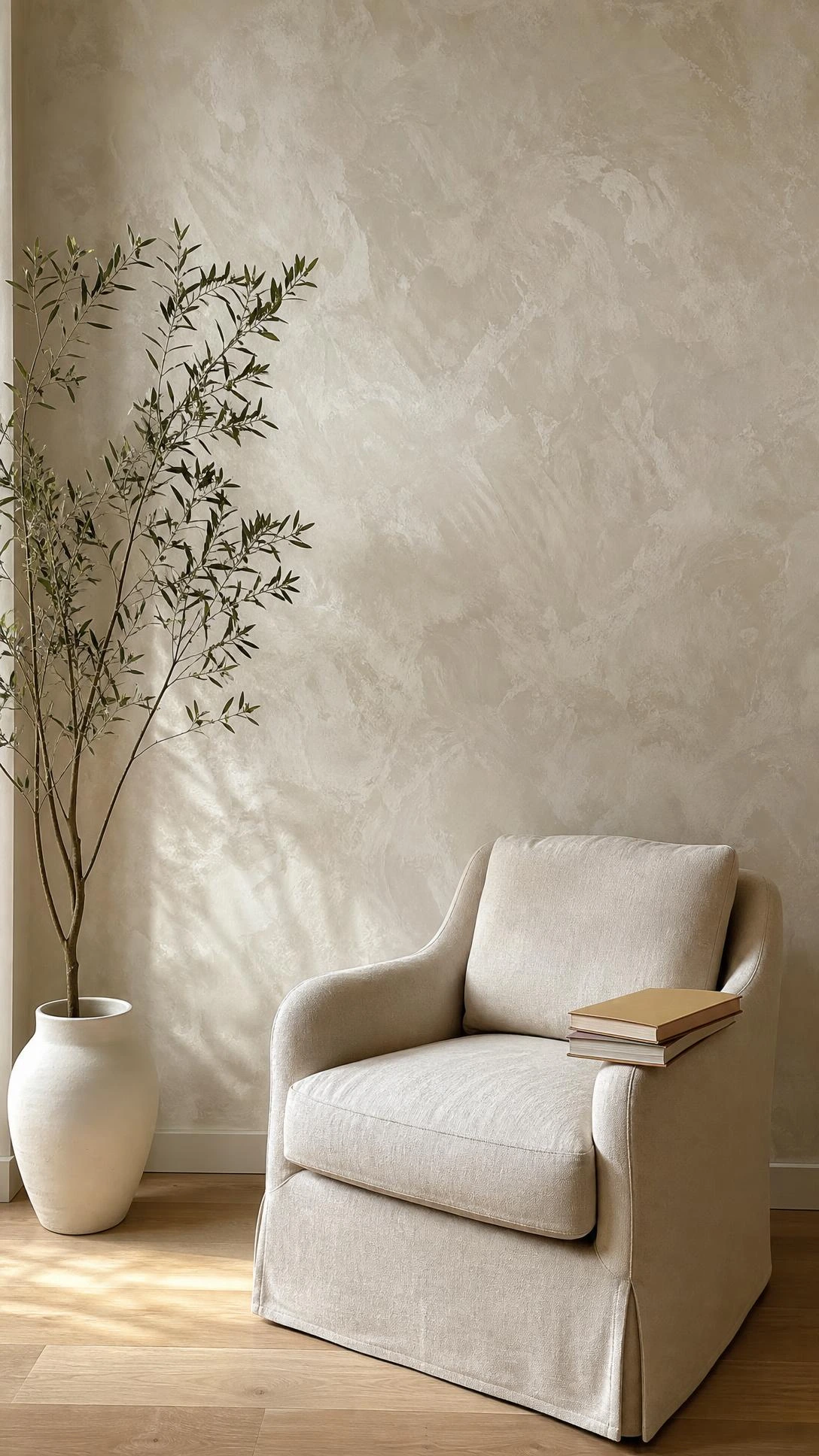 Limewash paint feature wall in a living room showing layered antique white and warm putty tones with cloudy depth and chalky matte finish