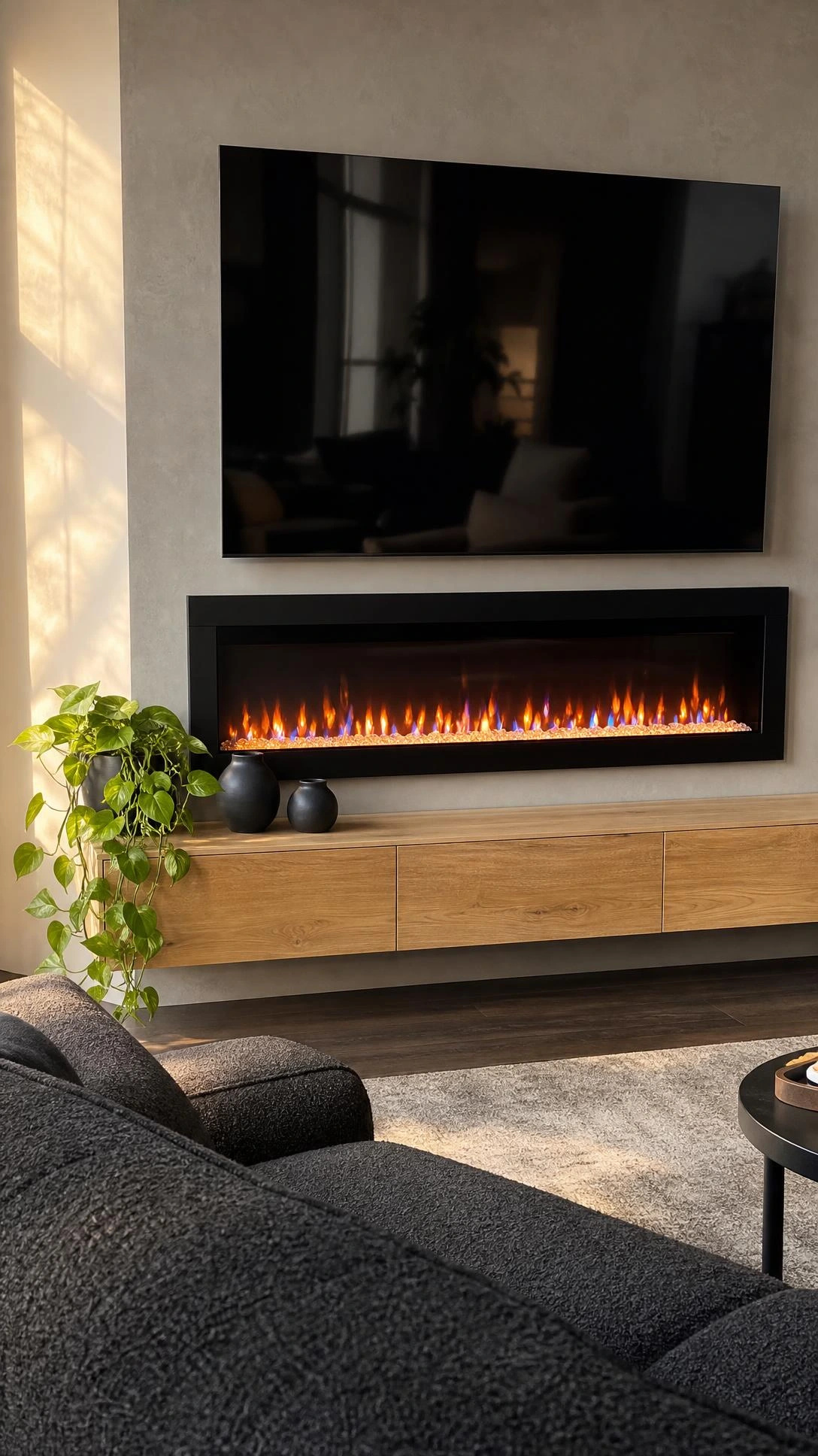 Sleek linear electric fireplace with amber and blue LED flames mounted beneath a flat-screen TV in a modern living room
