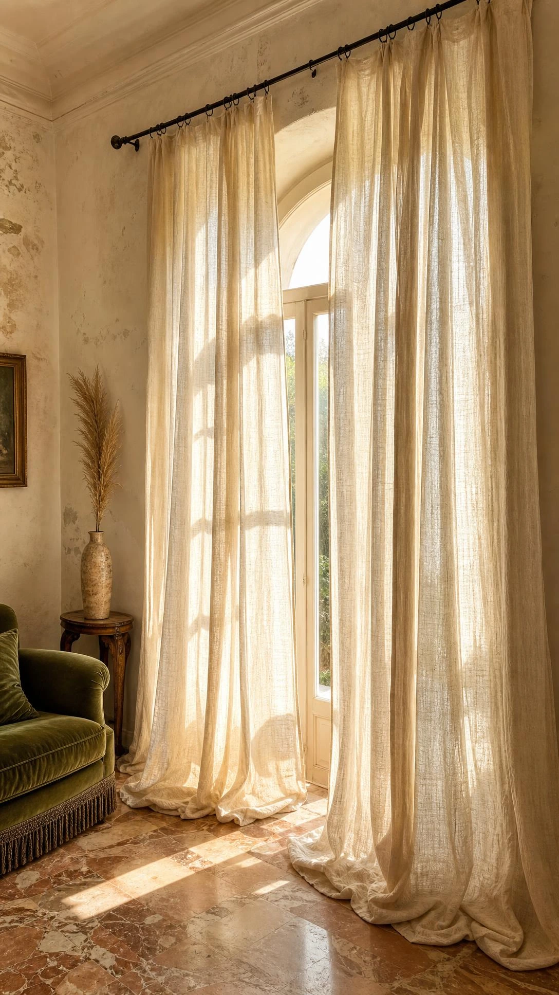 Floor-to-ceiling ivory linen curtains pool softly on terracotta marble in a sun-filled Italian living room, showing how simple fabric hung high creates old world elegance