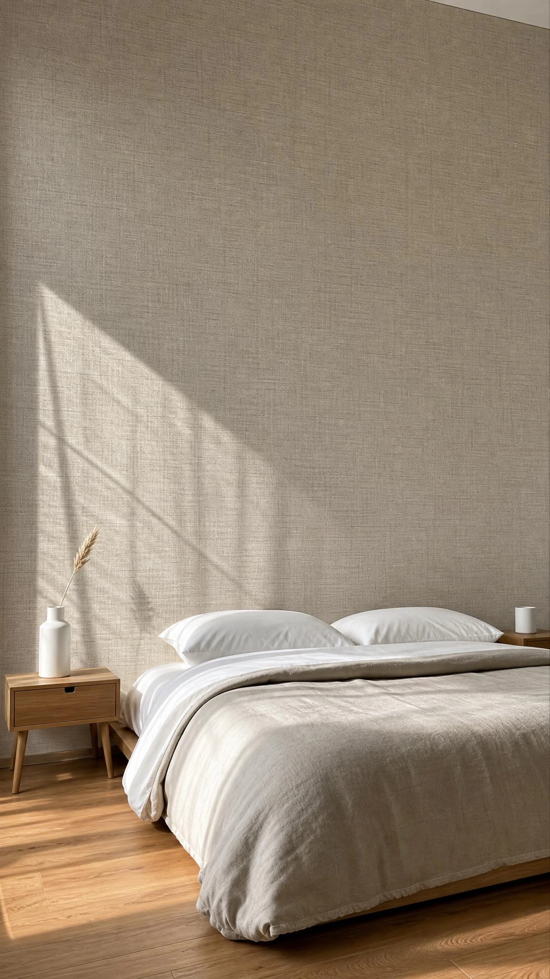 Linen-look neutral wallpaper covering a full bedroom wall behind a low-profile platform bed, its subtle woven texture and warm greige tone photographed from floor level to show the full vertical impact