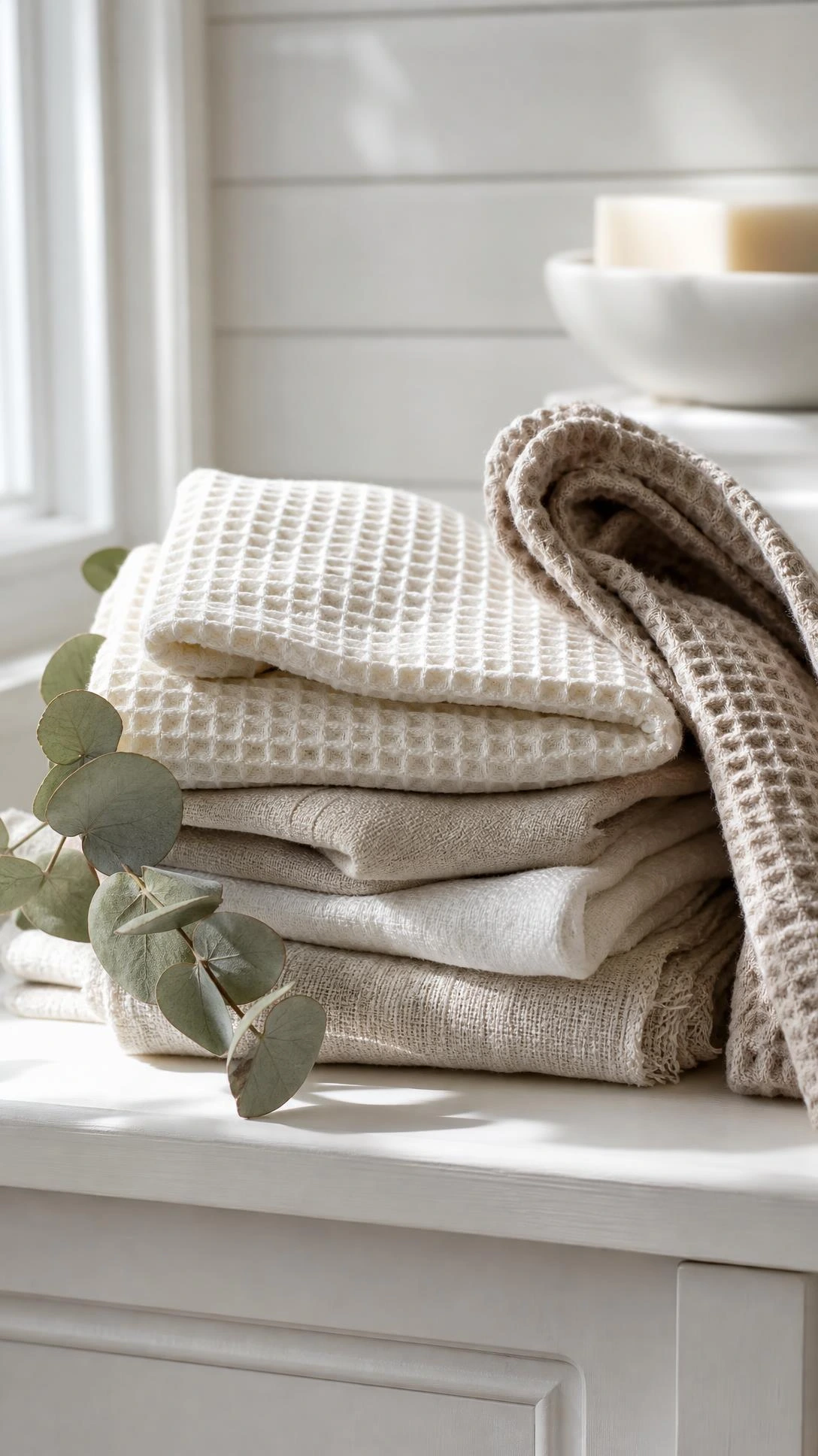 Neatly stacked linen and waffle weave towels in warm ivory, oat, and sand tones on a white bathroom shelf, showing how neutral coastal bathroom textures elevate a simple vanity instantly