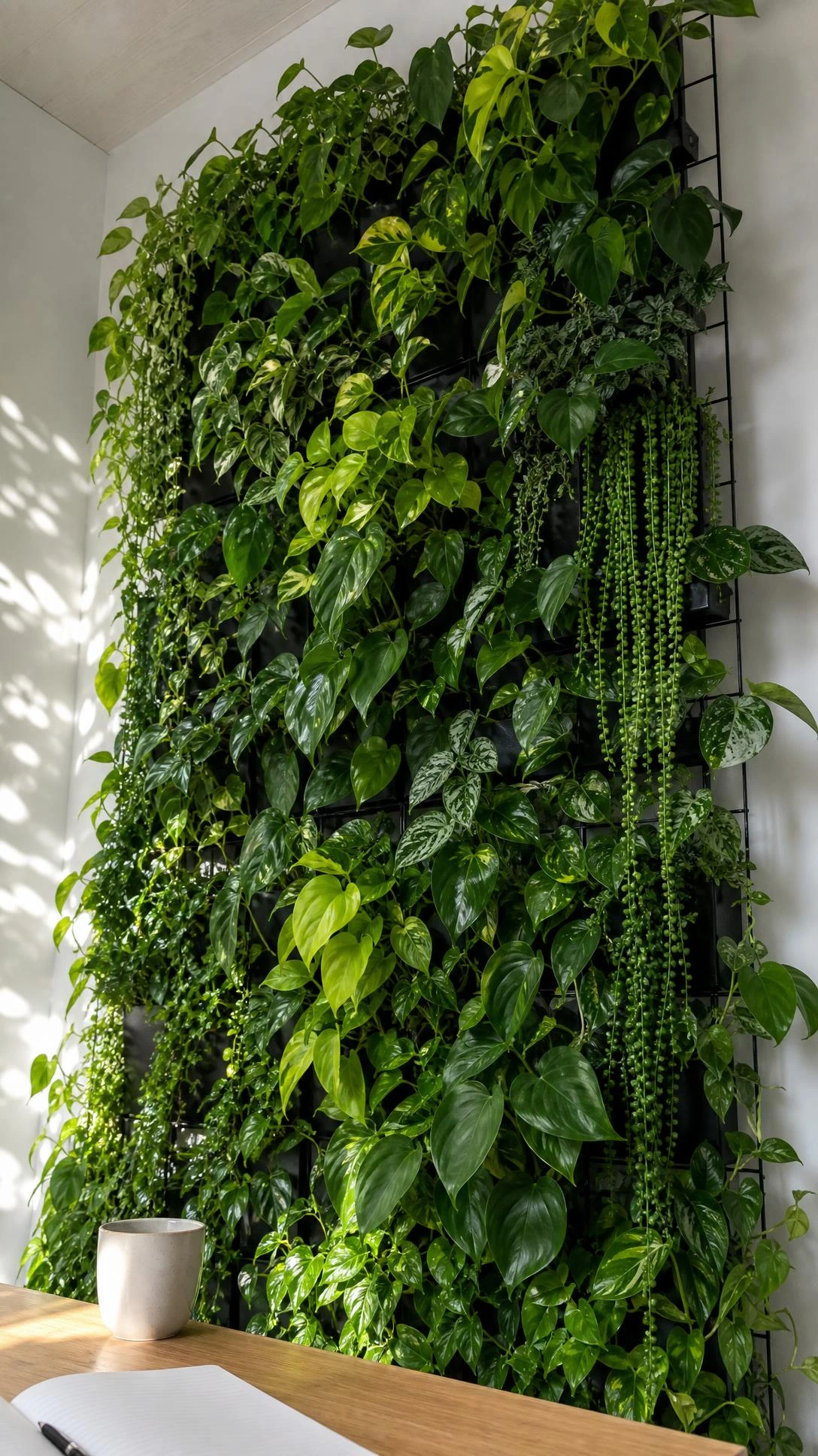 Floor-to-ceiling living green wall with cascading pothos, philodendron, and string of pearls on a black modular grid system in a white home office