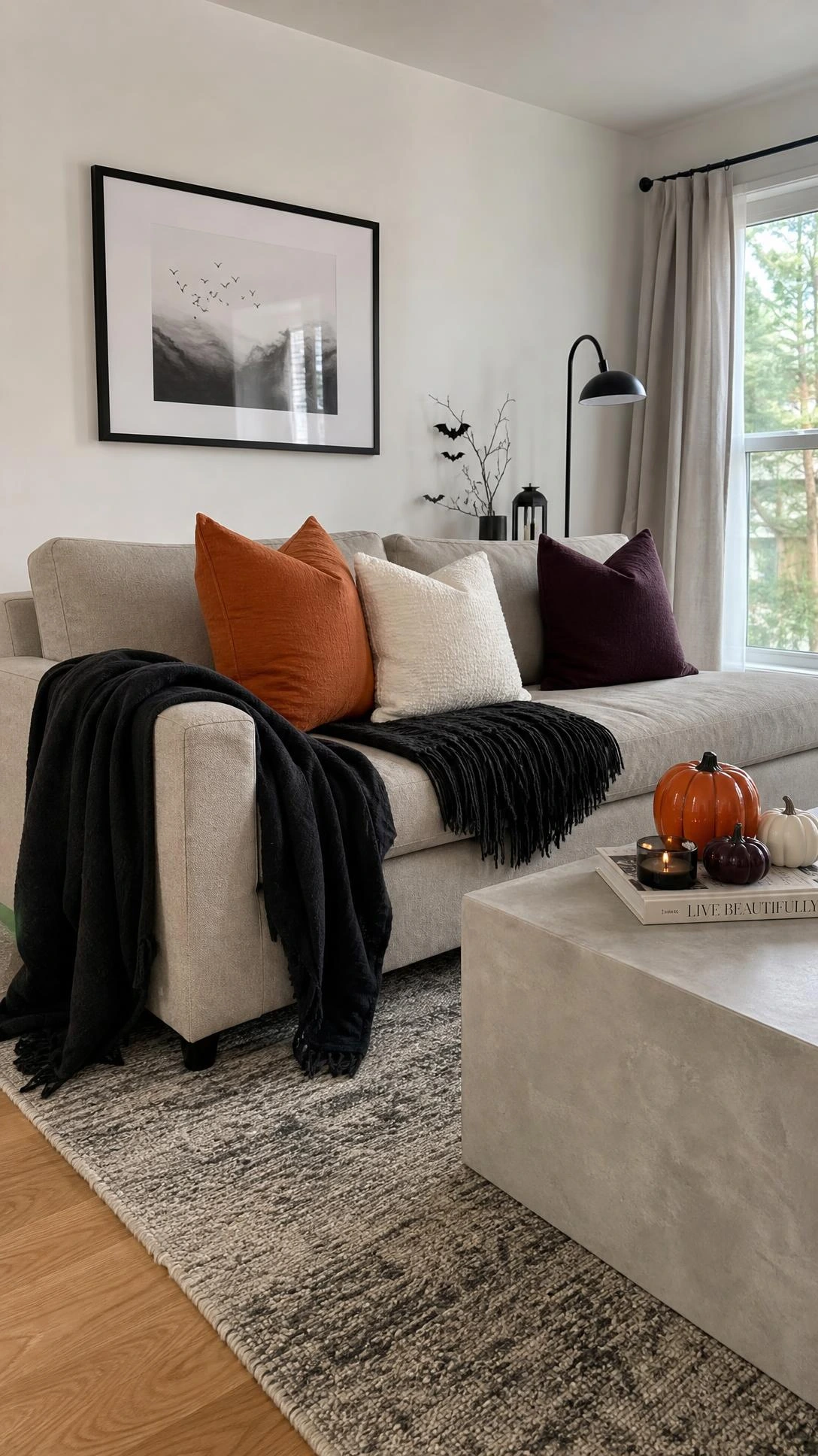 Black throw blankets styled on a warm-gray sofa anchor Halloween Home Decor in a modern living room with woven and fringed texture.