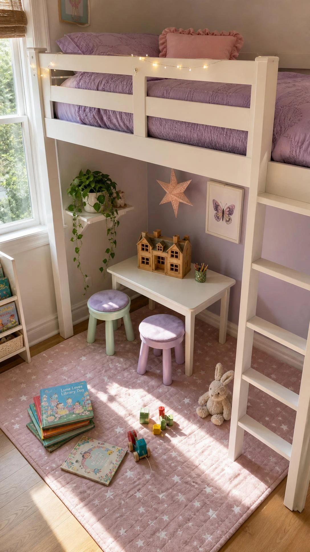White wood loft bed with lavender bedding and built-in ladder, maximizing a girls' bedroom with a functional play space below