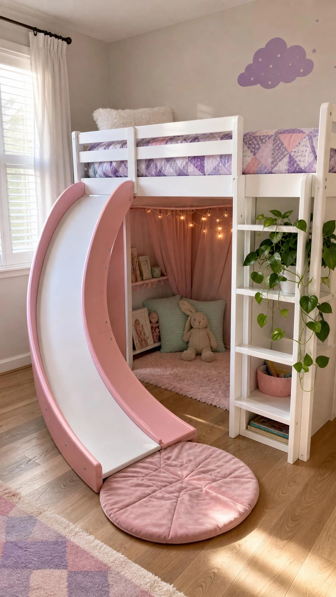 White wood loft bed with built-in slide in a girl's bedroom, dressed in lavender and pink geometric bedding with rounded safety rails