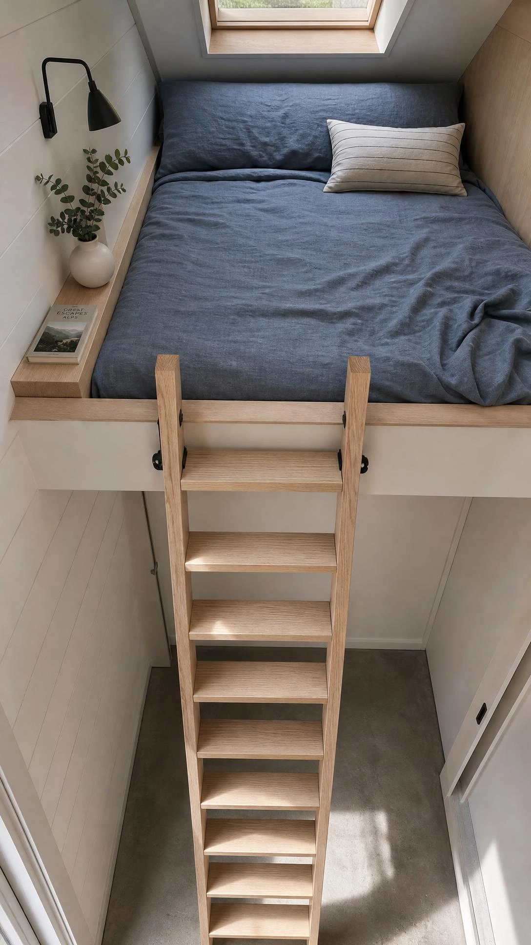 Slim ash wood ladder with geometric rungs leading to a compact loft sleeping platform in a sub-400 sq ft modern small house plan
