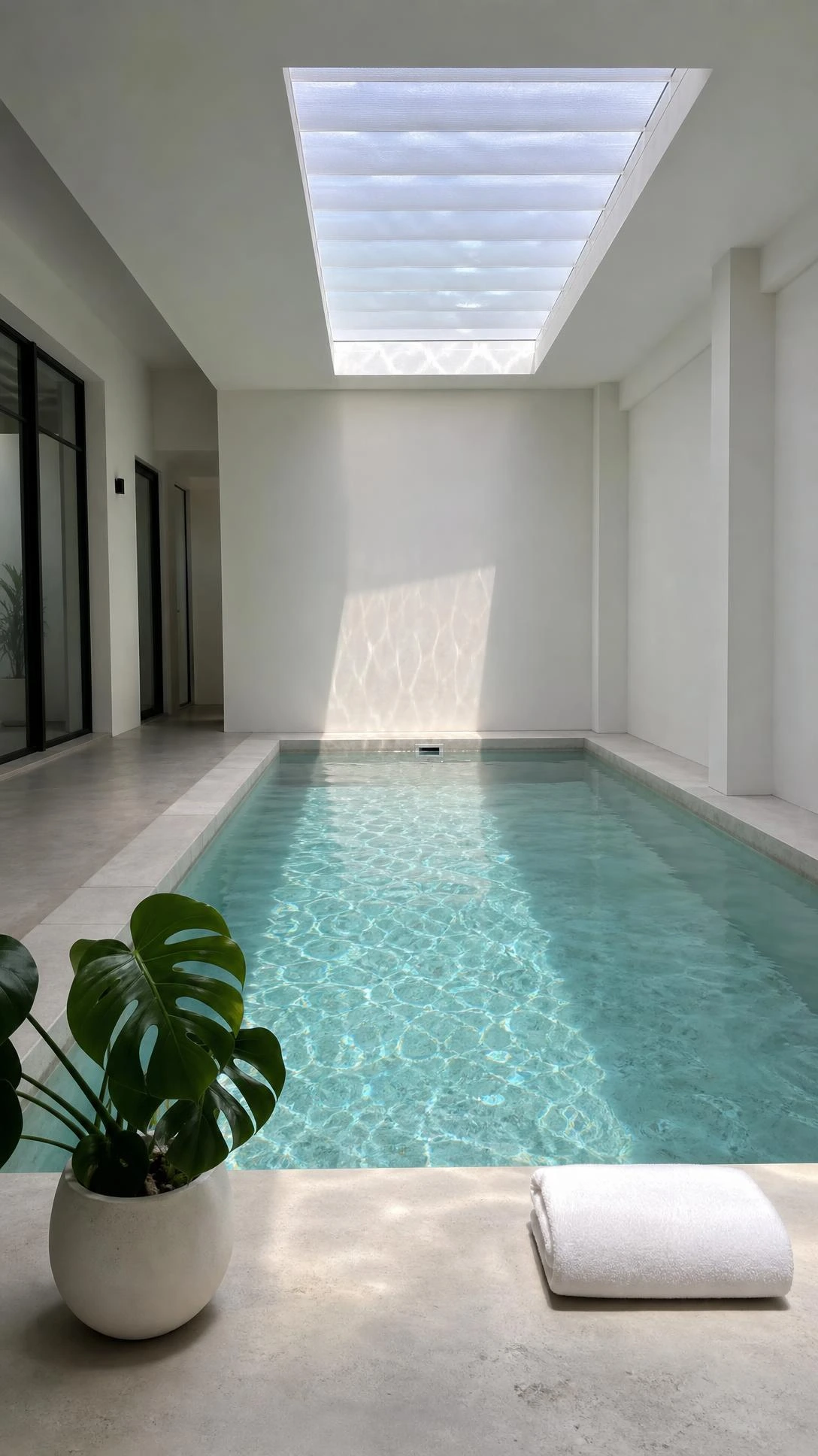 Compact rectangular indoor lap pool with smooth white concrete walls, crystal-clear aqua water, and flat light gray coping — proof that simple design delivers real elegance