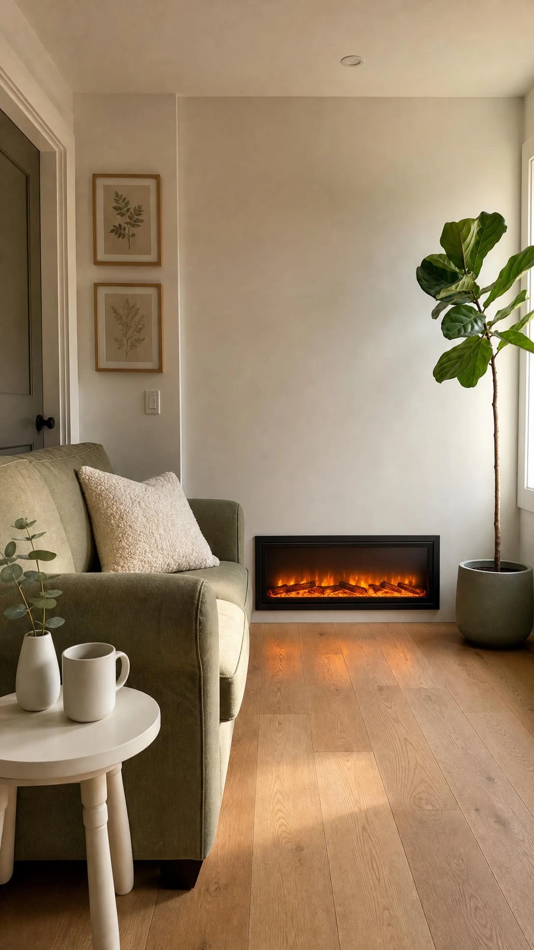 Compact low-profile electric fireplace built flush into a small living room wall, its matte charcoal frame and amber glow proving tight spaces don't sacrifice warmth