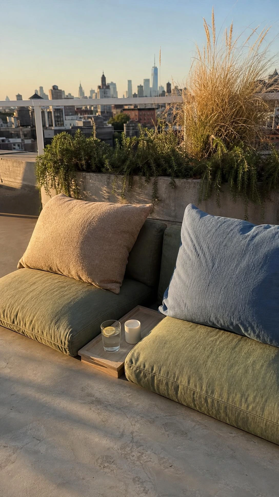 Low-profile platform floor seats with thick dusty cushions on a small rooftop terrace bathed in warm golden late-afternoon sunlight