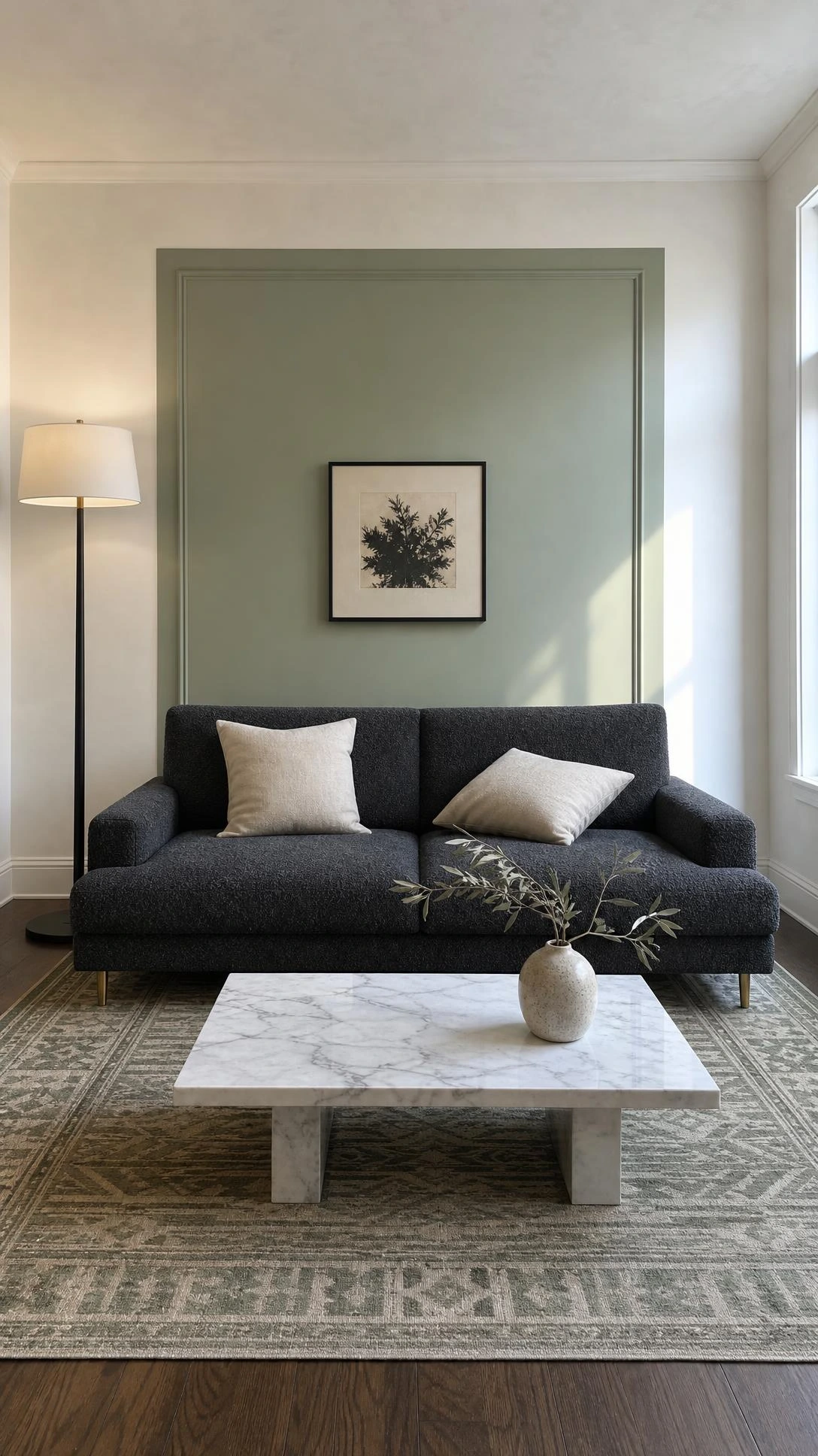 Charcoal gray boucle low-profile sofa with brass legs anchoring a small formal living room against a soft white plaster wall