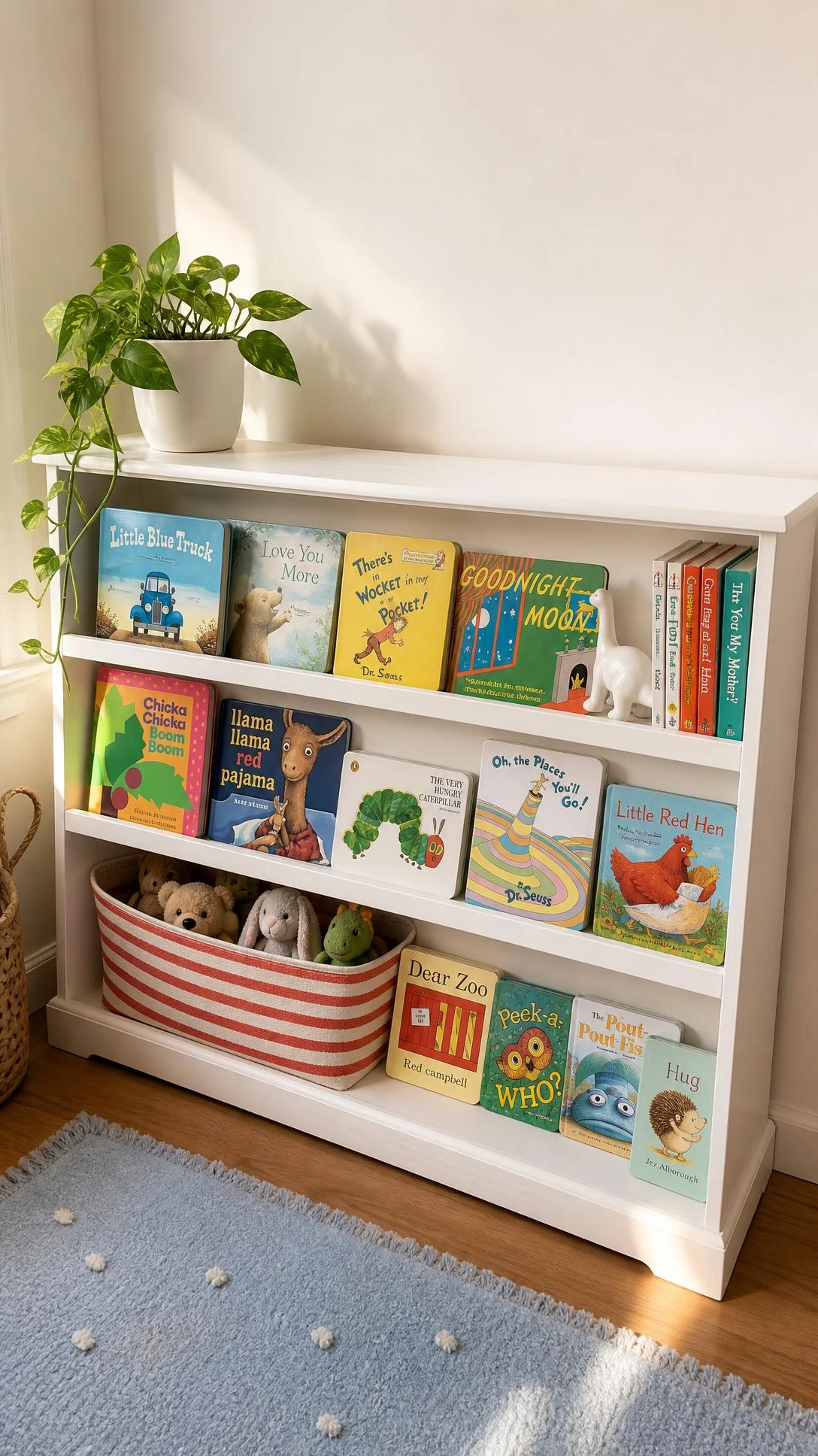 Low white wooden bookcase at child height displaying colorful books spine-out in a sunlit reading corner kids can access independently