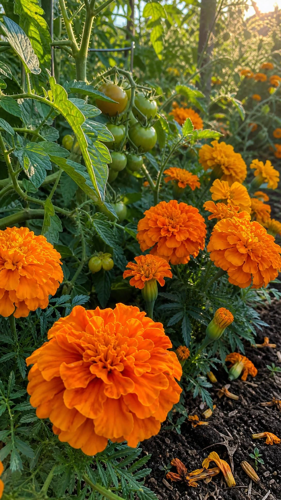 Bright burnt orange and golden marigolds growing alongside lush tomato plants in a backyard vegetable garden, showing companion planting in action under warm afternoon sunlight