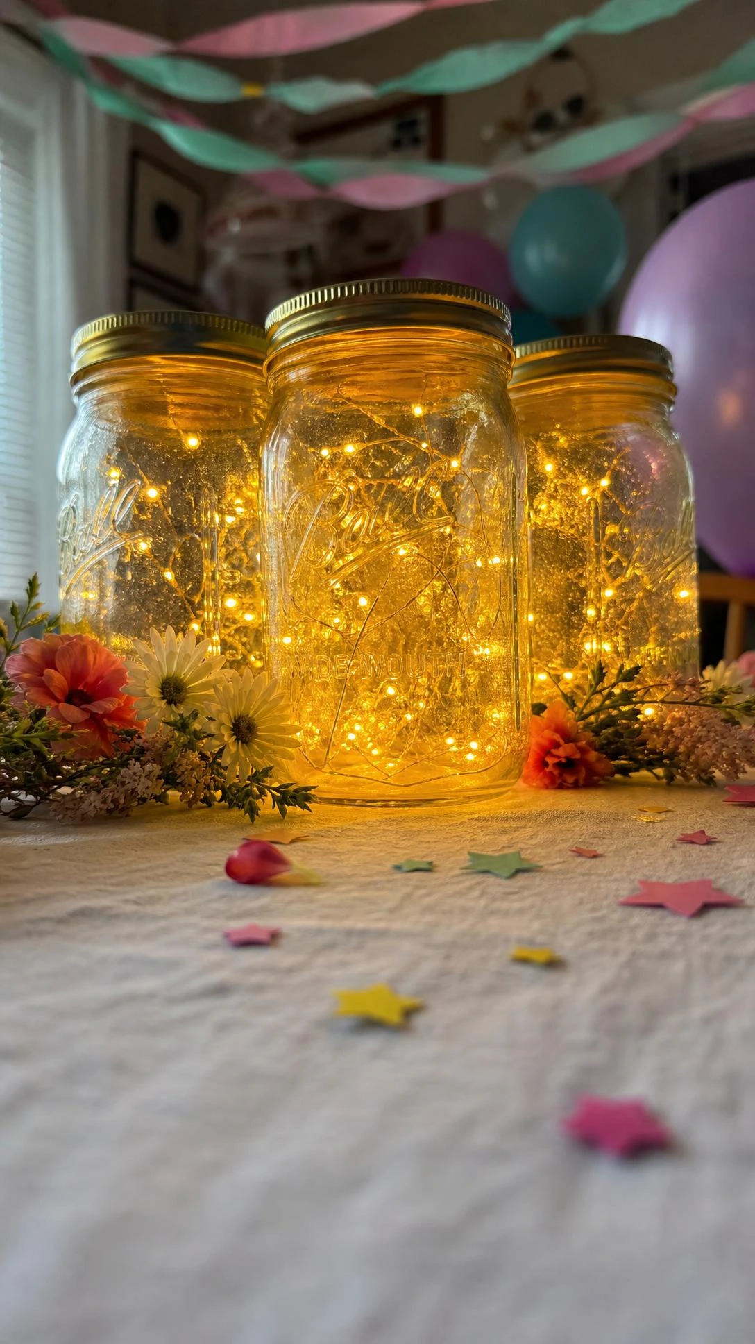 Three glowing mason jars with warm fairy lights coiled inside, arranged as DIY birthday centerpieces on a kids' party table shot from tabletop level