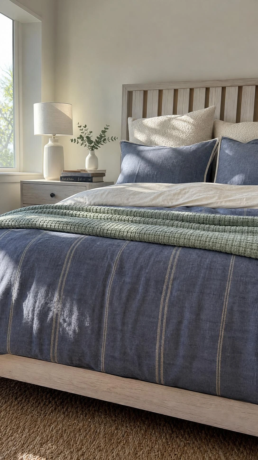 Low-angle view of a shared parent-child bedroom bed dressed in dusty blue linen, cream stripe duvet, and sage waffle blanket—proof adult bedding works for everyone