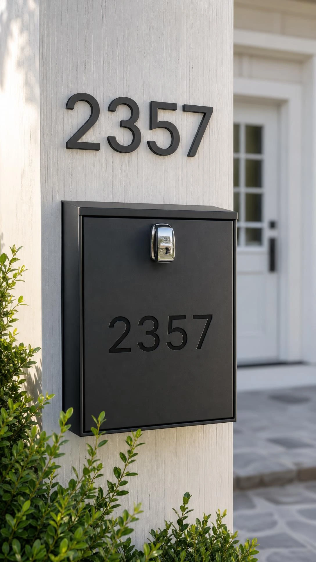 Sleek charcoal mailbox and matching house numbers in bold sans-serif matte black font mounted on white post for cohesive curb appeal