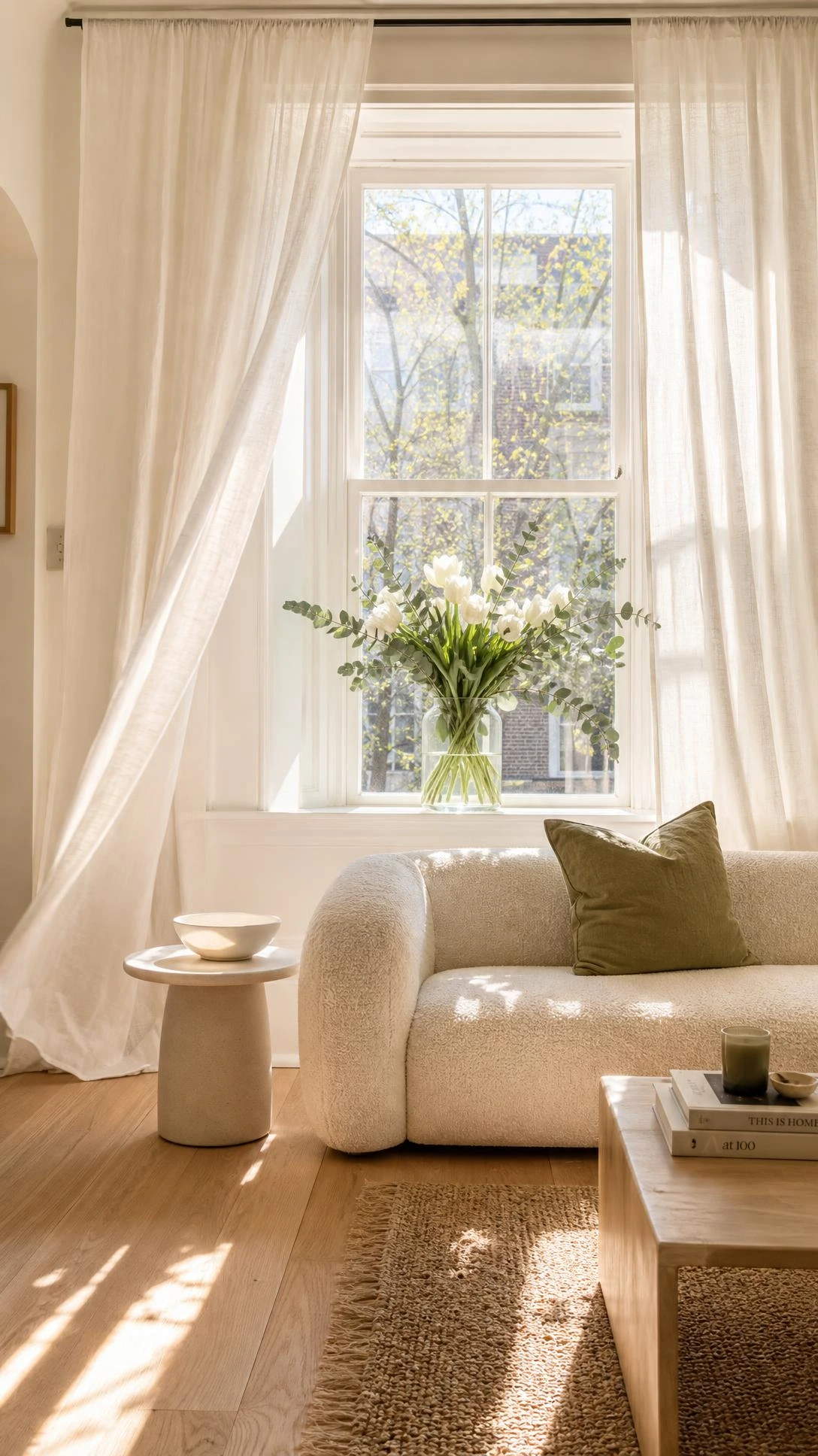 Floor-to-ceiling sheer linen curtains framing a large sash window, flooding a chic living room with warm golden morning sunlight